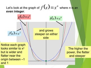 Let’s look at the graph of where n is an
even integer.
  n
x
x
f 
  2
x
x
f 
  4
x
x
g    6
x
x
h 
and grows
steeper on either
side
Notice each graph
looks similar to x2
but is wider and
flatter near the
origin between –1
and 1
The higher the
power, the flatter
and steeper
 