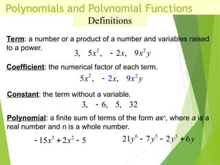 Polynomials and Polynomial Functions
Definitions
Coefficient: the numerical factor of each term.
Constant: the term without a variable.
Term: a number or a product of a number and variables raised
to a power.
Polynomial: a finite sum of terms of the form axn
, where a is a
real number and n is a whole number.
2 2
3, 5 , 2 , 9
x x x y

2 2
9
, ,
5 2
x x x y

3, 6, 5, 32

3 2
15 2 5
x x
  
6 5 3
21 7 2 6
y y y y
  
 