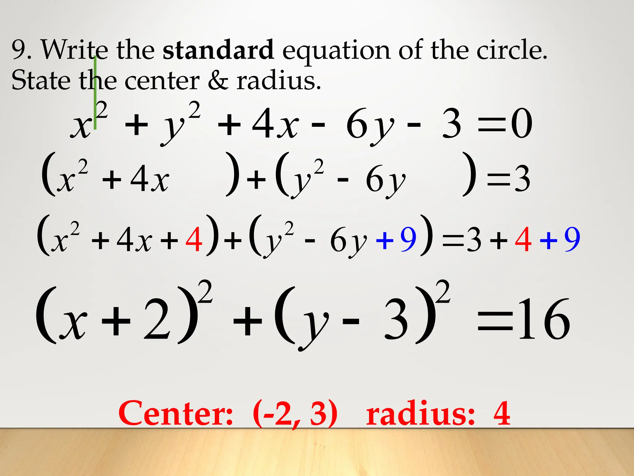    
2 2
4 6 3
   
x x y y
9. Write the standard equation of the circle.
State the center & radius.
2 2
4 6 3 0
    
x y x y
Center: (-2, 3) radius: 4
   
2 2
2 3 16
   
x y
   
2 2
4 6 9
3
9
4 4
     
 
x x y y
 