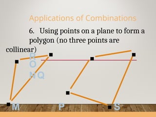 Applications of Combinations
6. Using points on a plane to form a
polygon (no three points are
collinear)
R
O
NQ
M P S
. .
.
.
. .
.
 