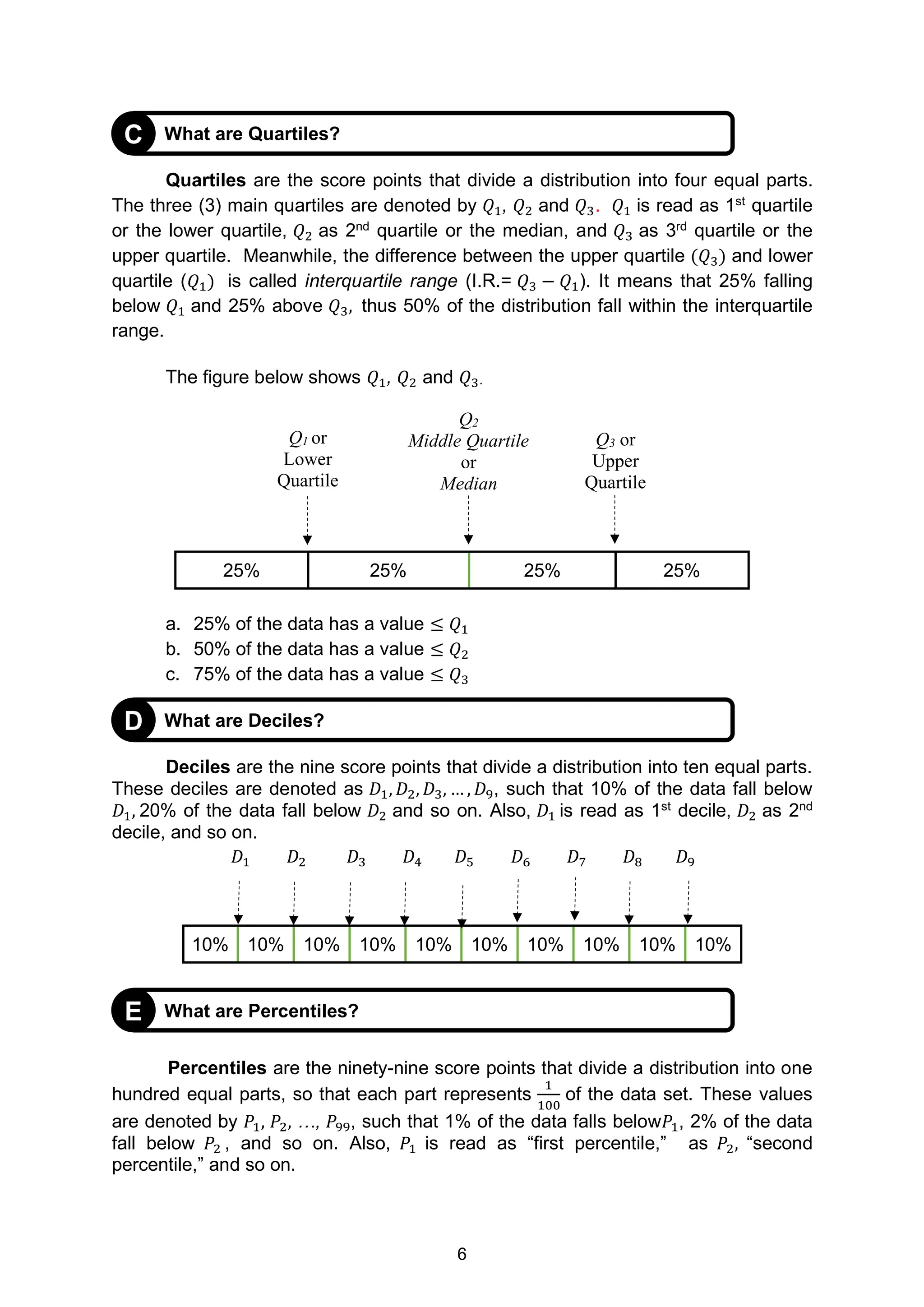 6
Quartiles are the score points that divide a distribution into four equal parts.
The three (3) main quartiles are denoted by 𝑄1, 𝑄2 and 𝑄3. 𝑄1 is read as 1st
quartile
or the lower quartile, 𝑄2 as 2nd
quartile or the median, and 𝑄3 as 3rd
quartile or the
upper quartile. Meanwhile, the difference between the upper quartile (𝑄3) and lower
quartile (𝑄1) is called interquartile range (I.R.= 𝑄3 − 𝑄1). It means that 25% falling
below 𝑄1 and 25% above 𝑄3, thus 50% of the distribution fall within the interquartile
range.
The figure below shows 𝑄1, 𝑄2 and 𝑄3.
a. 25% of the data has a value ≤ 𝑄1
b. 50% of the data has a value ≤ 𝑄2
c. 75% of the data has a value ≤ 𝑄3
Deciles are the nine score points that divide a distribution into ten equal parts.
These deciles are denoted as 𝐷1, 𝐷2, 𝐷3, … , 𝐷9, such that 10% of the data fall below
𝐷1, 20% of the data fall below 𝐷2 and so on. Also, 𝐷1 is read as 1st
decile, 𝐷2 as 2nd
decile, and so on.
Percentiles are the ninety-nine score points that divide a distribution into one
hundred equal parts, so that each part represents
1
100
of the data set. These values
are denoted by 𝑃1, 𝑃2, …, 𝑃99, such that 1% of the data falls below𝑃1, 2% of the data
fall below 𝑃2 , and so on. Also, 𝑃1 is read as “first percentile,” as 𝑃2, “second
percentile,” and so on.
25% 25% 25% 25%
𝐷1 𝐷2 𝐷3 𝐷4 𝐷5 𝐷6 𝐷7 𝐷8 𝐷9
10% 10% 10% 10% 10% 10% 10% 10% 10% 10%
What are Quartiles?
C
What are Deciles?
D
What are Percentiles?
E
Q2
Middle Quartile
or
Median
Q1 or
Lower
Quartile
Q3 or
Upper
Quartile
 
