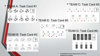• TEAM A: Task Card #1
• TEAM B: Task Card #2:
• TEAM C: Task Card #3:
? ?
?
• GHS●Mathematics Department ● Gr10 ●
aaadjame14.estiola
?
• TEAM D: Task Card #4:
• TEAM E: Task Card #5:
?
 