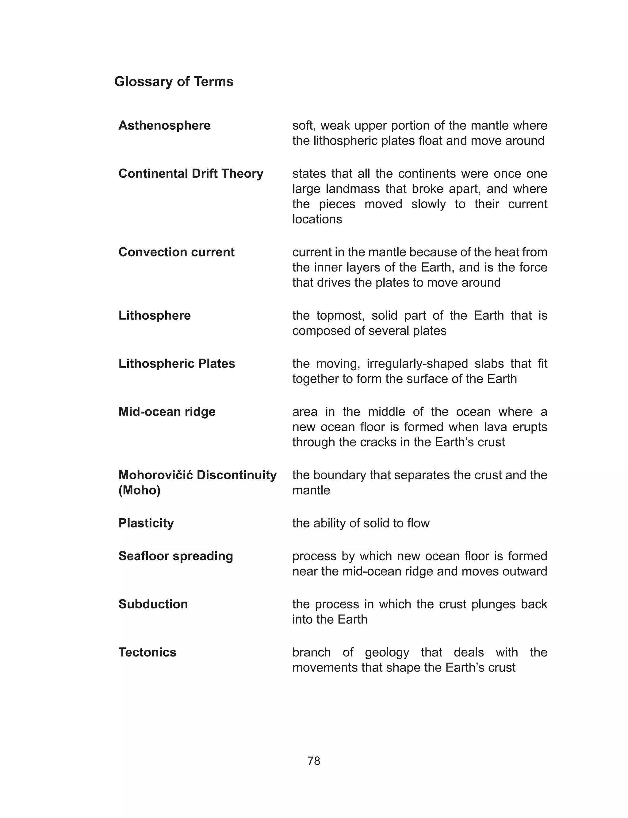 78
Glossary of Terms
Asthenosphere soft, weak upper portion of the mantle where
the lithospheric plates float and move around
Continental Drift Theory states that all the continents were once one
large landmass that broke apart, and where
the pieces moved slowly to their current
locations
Convection current current in the mantle because of the heat from
the inner layers of the Earth, and is the force
that drives the plates to move around
Lithosphere the topmost, solid part of the Earth that is
composed of several plates
Lithospheric Plates the moving, irregularly-shaped slabs that fit
together to form the surface of the Earth
Mid-ocean ridge area in the middle of the ocean where a
new ocean floor is formed when lava erupts
through the cracks in the Earth’s crust
Mohorovičić Discontinuity
(Moho)
the boundary that separates the crust and the
mantle
Plasticity the ability of solid to flow
Seafloor spreading process by which new ocean floor is formed
near the mid-ocean ridge and moves outward
Subduction the process in which the crust plunges back
into the Earth
Tectonics branch of geology that deals with the
movements that shape the Earth’s crust
 