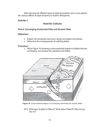 16
	 After learning the different types of plate boundaries, let us now explore
the various effects of plate tectonics on Earth’s lithosphere.
Activity 3
Head-On Collision
Part A: Converging Continental Plate and Oceanic Plate
Objectives:
•	 Explain the processes that occur along convergent boundaries.
•	 Determine the consequences of colliding plates.
Procedure:
1.	 Study Figure 10 showing a cross-sectional diagram of plates that are
converging, and answer the questions that follow.
Figure 10. Cross-sectional diagram of converging continental and oceanic plates
	 Q15. What type of plate is Plate A? What about Plate B? Why do you
	 say so?
 