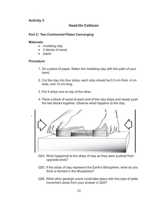 23
Activity 3
Head-On Collision
Part C: Two Continental Plates Converging
Materials:
•	 modeling clay
•	 2 blocks of wood
•	 paper
Procedure:
	 1. On a piece of paper, flatten the modeling clay with the palm of your
	 hand.
	 2. Cut the clay into four strips; each strip should be 0.5 cm thick, 4 cm
	 wide, and 12 cm long.
	 3. Put 4 strips one on top of the other.
	 4. Place a block of wood at each end of the clay strips and slowly push
	 the two blocks together. Observe what happens to the clay.
	
	 Q24. What happened to the strips of clay as they were pushed from
opposite ends?
	 Q25. If the strips of clay represent the Earth’s lithosphere, what do you
think is formed in the lithosphere?
	 Q26. What other geologic event could take place with this type of plate 	
	 movement aside from your answer in Q25?
 