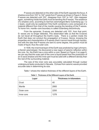 46
P-waves are detected on the other side of the Earth opposite the focus. A
shadow zone from 103° to 142° exists from P-waves as shown in Figure 3. Since
P-waves are detected until 103°, disappear from 103° to 142°, then reappear
again, something inside the Earth must be bending the P-waves. The existence
of a shadow zone, according to German seismologist Beno Gutenberg (ɡuː t ə
n bɛʁk), could only be explained if the Earth contained a core composed of a
material different from that of the mantle causing the bending of the P-waves.
To honor him, mantle–core boundary is called Gutenberg discontinuity.
From the epicenter, S-waves are detected until 103o
, from that point,
S- waves are no longer detected. This observation tells us that the S-waves
do not travel all throughout the Earth’s body. There is a portion inside the
Earth that does not conduct the propagation of S-wave. Hence, knowing the
properties and characteristics of S-waves (that it cannot travel through liquids),
and with the idea that P-waves are bent to some degree, this portion must be
made of liquid, thus the outer core.
In 1936, the innermost layer of the Earth was predicted by Inge Lehmann,
a Danish seismologist. He discovered a new region of seismic reflection within
the core. So, the Earth has a core within a core. Based on Figure 3 on page 8,
we can say that the outer part of the core is liquid based from the production of
an S wave shadow and the inner part must be solid with a different density than
the rest of the surrounding material.
The size of the inner core was accurately calculated through nuclear
underground tests conducted in Nevada. Echoes from seismic waves provided
accurate data in determining its size.
Table 1 shows the relative thickness of the different layers of the Earth.
Table 1. Thickness of the Different Layers of the Earth
Layer Thickness in kilometers
Crust 40
Mantle 2900
Outer core 2200
Inner core 1278
 