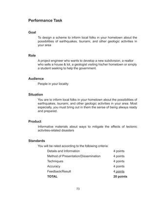 73
Performance Task
Goal
To design a scheme to inform local folks in your hometown about the
possibilities of earthquakes, tsunami, and other geologic activities in
your area
Role	
A project engineer who wants to develop a new subdivision, a realtor
who sells a house & lot, a geologist visiting his/her hometown or simply
a student seeking to help the government.
Audience
	 People in your locality
Situation
You are to inform local folks in your hometown about the possibilities of
earthquakes, tsunami, and other geologic activities in your area. Most
especially, you must bring out in them the sense of being always ready
and prepared.
	
Product
Informative materials about ways to mitigate the effects of tectonic
activities-related disasters
Standards
You will be rated according to the following criteria:
	Details and Information				4 points
	 Method of Presentation/Dissemination		 4 points
	Techniques						4 points
Accuracy 						4 points
	 Feedback/Result 					 4 points
	TOTAL						20 points
 