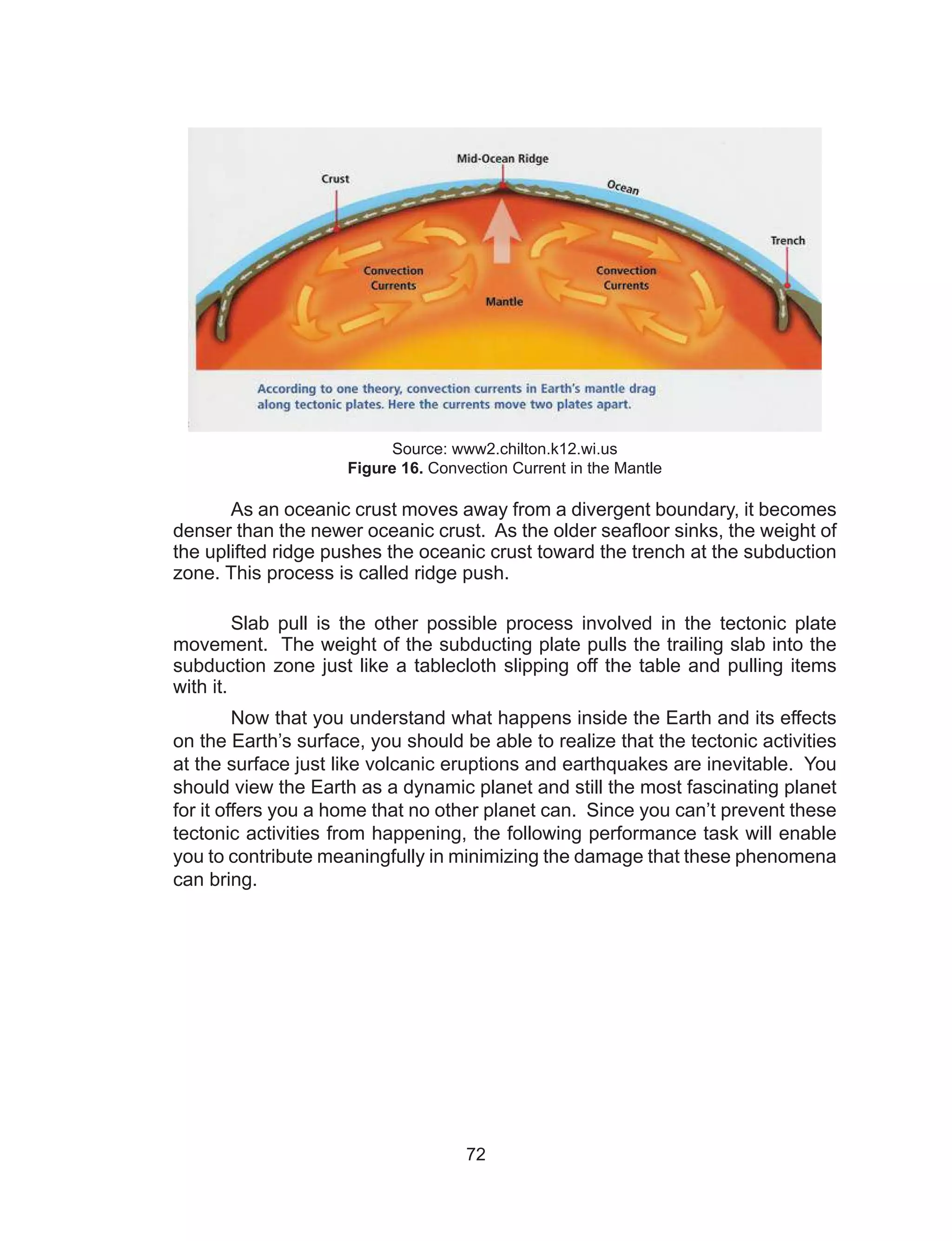 72
Source: www2.chilton.k12.wi.us
Figure 16. Convection Current in the Mantle
As an oceanic crust moves away from a divergent boundary, it becomes
denser than the newer oceanic crust. As the older seafloor sinks, the weight of
the uplifted ridge pushes the oceanic crust toward the trench at the subduction
zone. This process is called ridge push.
Slab pull is the other possible process involved in the tectonic plate
movement. The weight of the subducting plate pulls the trailing slab into the
subduction zone just like a tablecloth slipping off the table and pulling items
with it.
	 Now that you understand what happens inside the Earth and its effects
on the Earth’s surface, you should be able to realize that the tectonic activities
at the surface just like volcanic eruptions and earthquakes are inevitable. You
should view the Earth as a dynamic planet and still the most fascinating planet
for it offers you a home that no other planet can. Since you can’t prevent these
tectonic activities from happening, the following performance task will enable
you to contribute meaningfully in minimizing the damage that these phenomena
can bring.
 