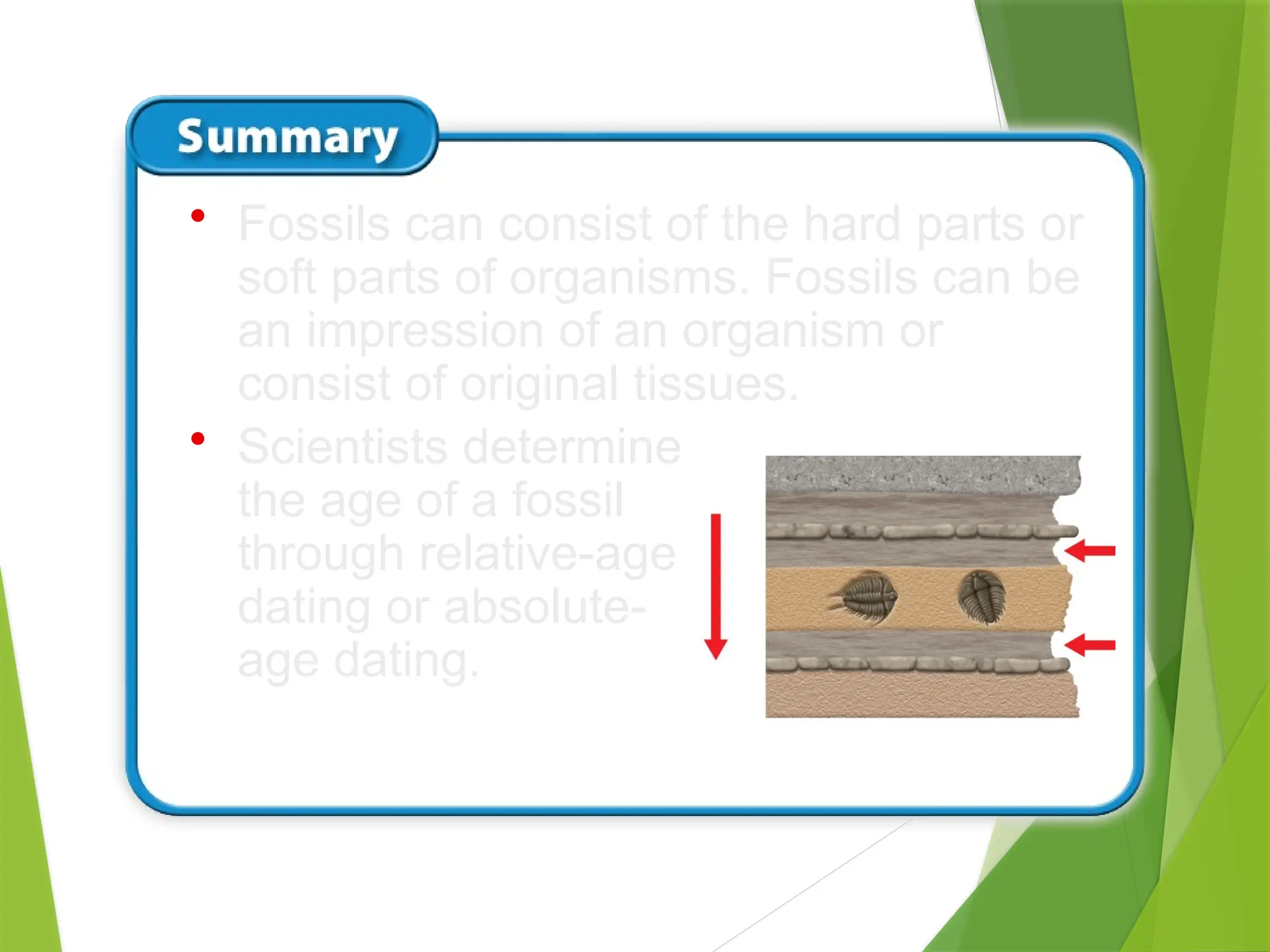 • Fossils can consist of the hard parts or
soft parts of organisms. Fossils can be
an impression of an organism or
consist of original tissues.
• Scientists determine
the age of a fossil
through relative-age
dating or absolute-
age dating.
 