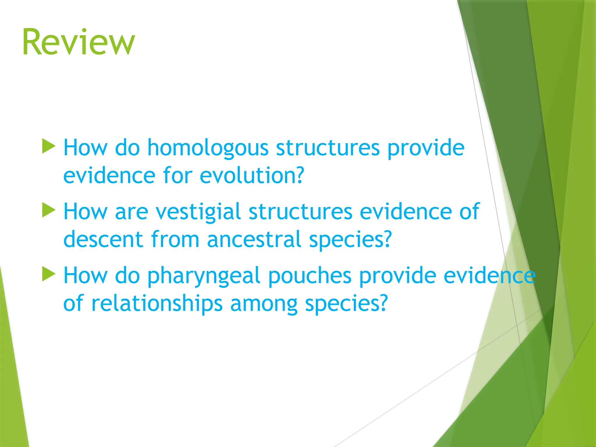 Review
 How do homologous structures provide
evidence for evolution?
 How are vestigial structures evidence of
descent from ancestral species?
 How do pharyngeal pouches provide evidence
of relationships among species?
 
