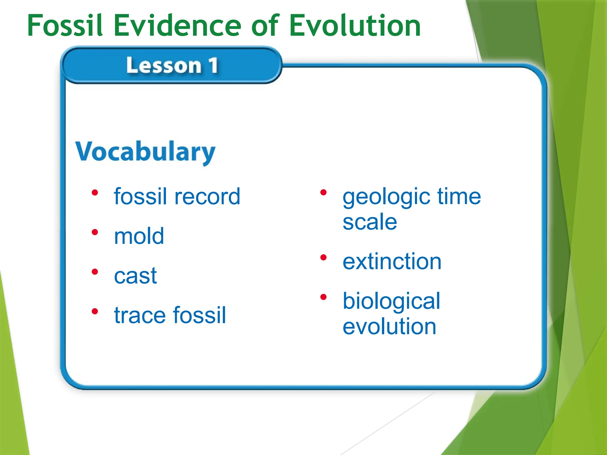 • fossil record
• mold
• cast
• trace fossil
Fossil Evidence of Evolution
• geologic time
scale
• extinction
• biological
evolution
 