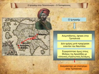 Ο Ιμπράημ στην Πελοπόννησο – Ο Παπαφλέσσας
Ο Ιμπραήμ
● Μεθώνη
● Ναβαρίνο
●Μανιάκι
Ανεμπόδιστος, έφτασε στην
Τριπολιτσά● Τρίπολη
Δύο ημέρες μετά προχώρησε
εναντίον του Ναυπλίου
● Ναύπλιο
Συγκρούστηκε όμως στους
Μύλους της Αργολίδας με
ελληνικές στρατιωτικές δυνάμεις,
Μύλοι ●
Αναγκάστηκε μα επιστρέψει
στην Τριπολιτσά
 
