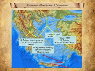Ο Ιμπράημ στην Πελοπόννησο – Ο Παπαφλέσσας
Οι αιγυπτιακές δυνάμεις
κατευθύνονται στην
Πελοπόννησο
Οι Τούρκοι καταπνίγουν την
επανάσταση στη Στερεά
Ελλάδα…
…και στα νησιά
του Β. Αιγαίου
Ιούνιος 1824
Οι Τούρκοι
καταστρέφουν τα Ψαρά
 