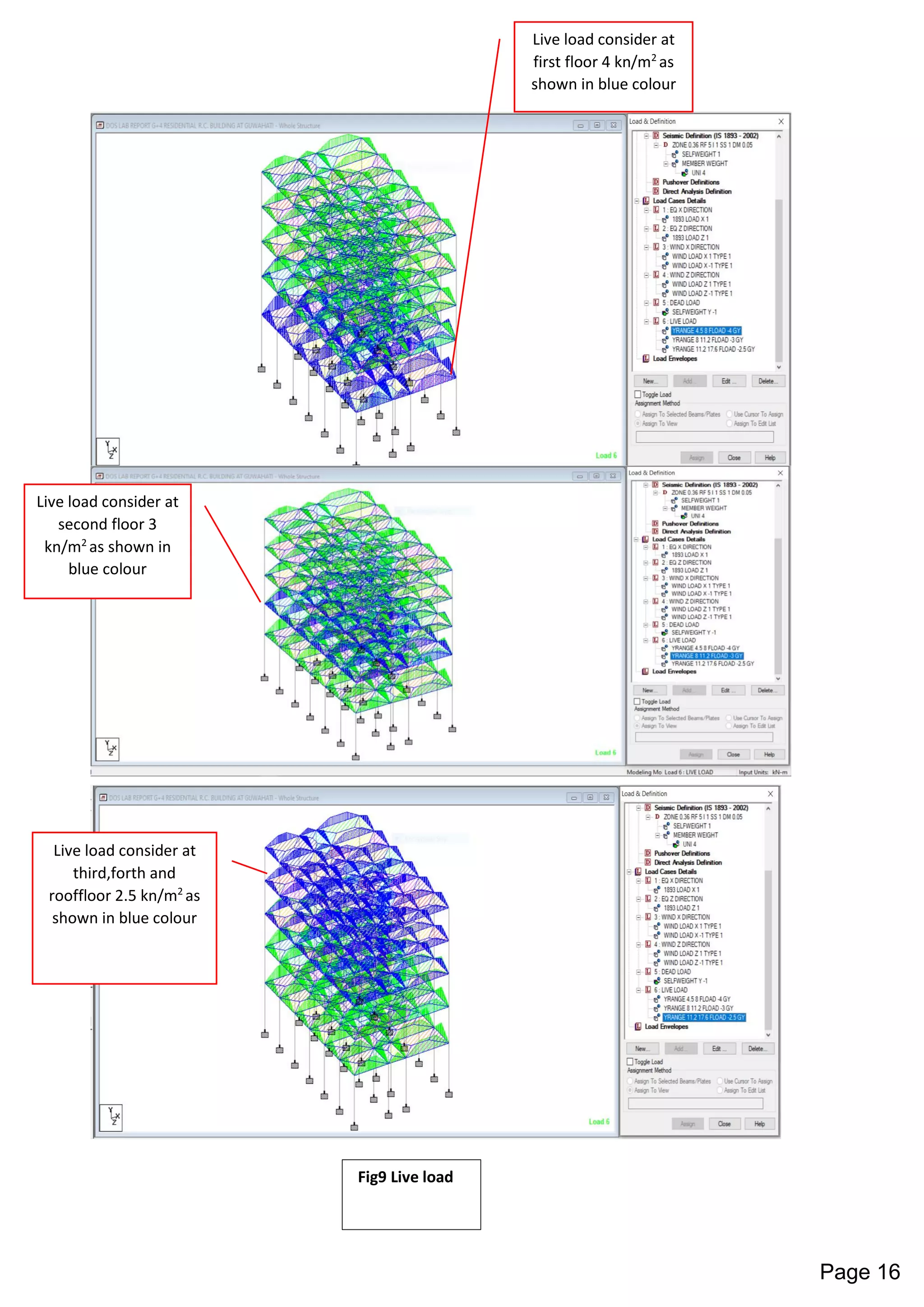 Live load consider at
first floor 4 kn/m2
as
shown in blue colour
Live load consider at
second floor 3
kn/m2
as shown in
blue colour
Live load consider at
third,forth and
rooffloor 2.5 kn/m2
as
shown in blue colour
Fig9 Live load
Page 16
 