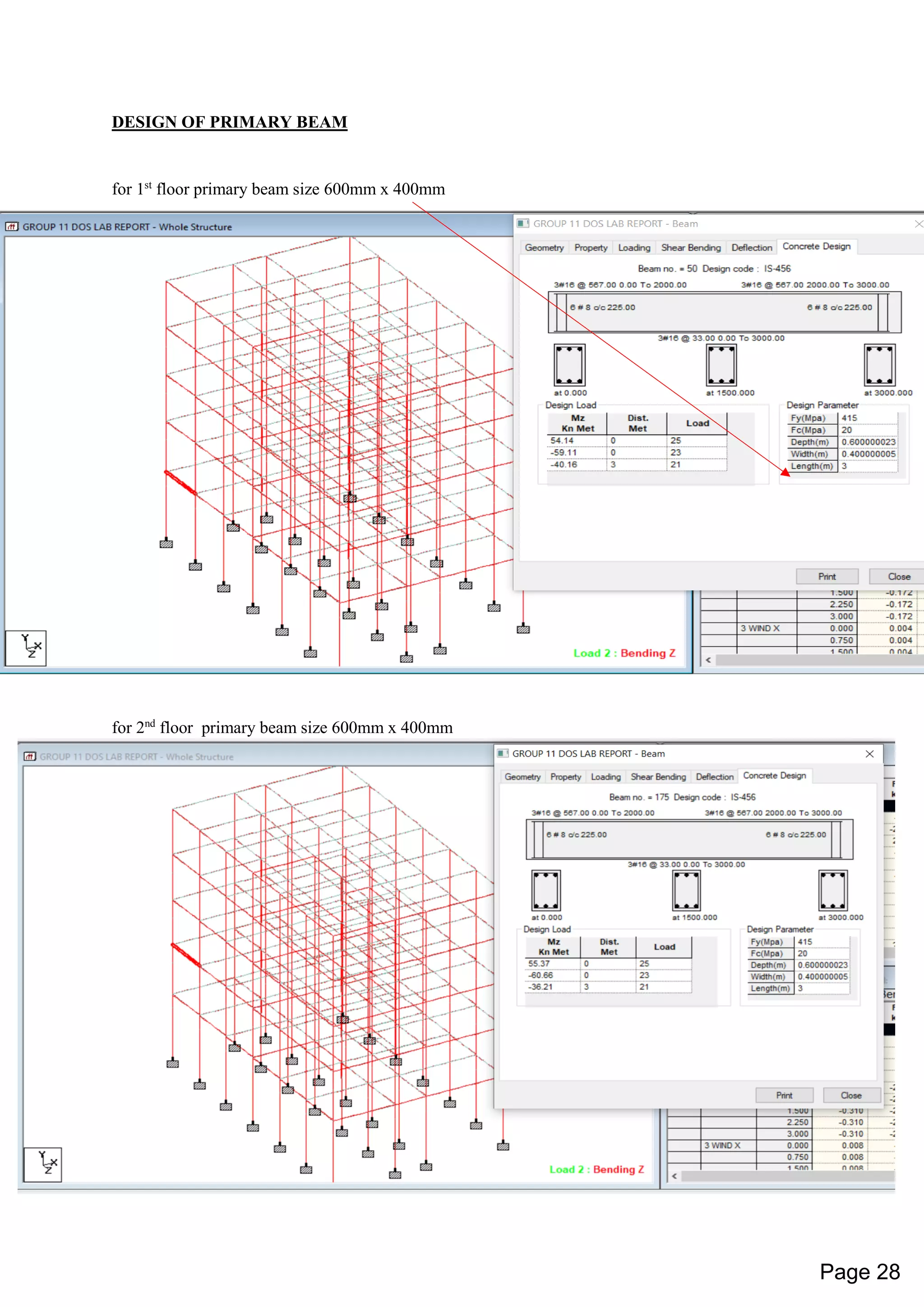 DESIGN OF PRIMARY BEAM
for 1st
floor primary beam size 600mm x 400mm
for 2nd
floor primary beam size 600mm x 400mm
Page 28
 
