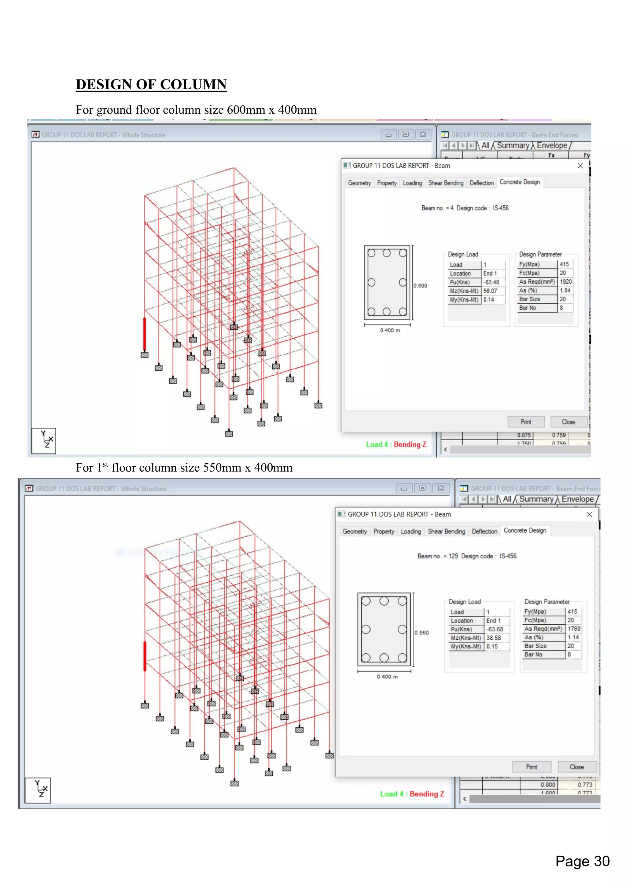 DESIGN OF COLUMN
For ground floor column size 600mm x 400mm
For 1st
floor column size 550mm x 400mm
Page 30
 