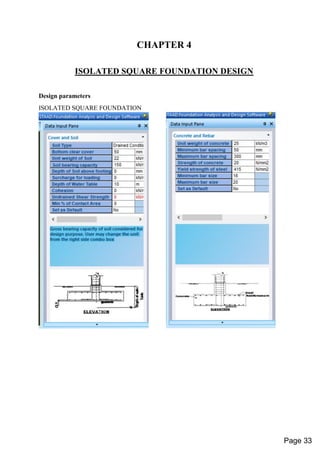CHAPTER 4
ISOLATED SQUARE FOUNDATION DESIGN
Design parameters
ISOLATED SQUARE FOUNDATION
Page 33
 