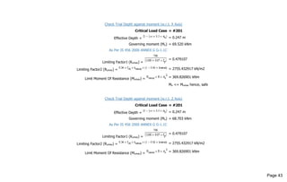 Check Trial Depth against moment (w.r.t. X Axis)
Critical Load Case = #201
Effective Depth = = 0.247 m
Governing moment (Mu) = 69.520 kNm
As Per IS 456 2000 ANNEX G G-1.1C
Limiting Factor1 (Kumax) =
= 0.479107
Limiting Factor2 (Rumax) = = 2755.432917 kN/m2
Limit Moment Of Resistance (Mumax) = = 369.826901 kNm
Mu <= Mumax hence, safe
Check Trial Depth against moment (w.r.t. Z Axis)
Critical Load Case = #201
Effective Depth = = 0.247 m
Governing moment (Mu) = 68.703 kNm
As Per IS 456 2000 ANNEX G G-1.1C
Limiting Factor1 (Kumax) =
= 0.479107
Limiting Factor2 (Rumax) = = 2755.432917 kN/m2
Limit Moment Of Resistance (Mumax) = = 369.826901 kNm
Page 43
 