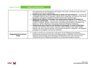 Budget of Work Grade 11 | General Science
and biodiversity of the Philippines and explain how these contribute to the country’s
ecological and cultural significance.
●​ Exploring the Uses of Earth Materials in Daily Life and Industry – Learners will
investigate different earth materials, identify their properties, and analyze how these
properties make them suitable for specific human and industrial uses.
●​ Modeling the Effects of Geologic and Hydrometeorological Processes on
Philippine Landscapes – Learners will investigate how geologic (e.g., earthquakes,
volcanic eruptions, tectonic movements) and hydrometeorological processes (e.g.,
typhoons, rainfall, flooding) continuously shape the Philippine landscape.
●​ Analyzing Human Impacts and Resilience Strategies in Local Landscapes –
Learners will examine how human activities modify landforms and water bodies,
identify risks from natural hazards, and propose prevention, mitigation, and adaptive
strategies to strengthen community resilience.
Suggested Performance
Tasks
●​ Create a brochure to promote the importance of the Philippine Atmospheric,
Geophysical and Astronomical Services Administration (PAGASA) and the Philippine
Institute of Volcanology and Seismology (PHIVOLCS) to the local community in
understanding and mitigating geological and hydrometeorological hazards.
Page 11 of 11
Last updated April 8, 2026
 