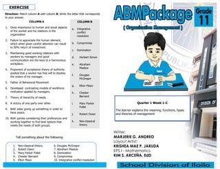 Writer:
MARJERIE G. ANDREO
Layout Artist:
KRISHEA MAE P. JARUDA
EPS I - Mathematics
KIM S. ARCEÑA, EdD
Quarter 1 Week 1-C
The learner explains the meaning, functions, types
and theories of management
EXERCISE
Direction: Match column A with column B. Write the letter that corresponds
to your answer.
COLUMN A
1. Gives importance to human and social aspects
of the worker and his relations in the
organization
2. Failure to appreciate the human element,
which when given careful attention can result
to 50% return of investment.
3. Maintaining good working relations with
workers by managers and good
communication are the keys to a harmonious
workplace.
4. Proponent of acceptance theory of authority
posited that a worker has free will to disobey
the orders of his manager.
5. Father of Behavioral Movement
6. Developed contrasting models of workforce
motivation applied by managers.
7. Theory of hierarchy of needs.
8. A victory of one party over other.
9. Both sides giving up something in order to
have peace.
10. Both parties considering their preferences and
working together to find best options that
meets the needs of both groups.
COLUMN B
a. Integrative
conflict
resolution
b. Compromise
c. Domination
d. Herbert Simon
e. Abraham
Maslow
f. Douglas
McGregor
g. Elton Mayo
h. Chester
Barnard
i. Mary Parker
Follet
j. Robert Owen
k. Neo-classical
theory
1. Neo-classical theory
2. Robert Owen
3. Mary Parker Follet
4. Chester Barnard
5. Elton Mayo
6. Douglas McGregor
7. Abraham Maslow
8. Domination
9. Compromise
10. Integrative conflict resolution
Tell something about the following:
 