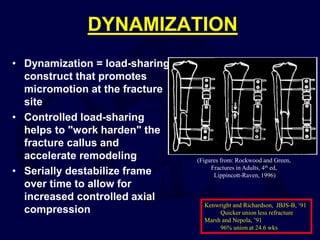 DYNAMIZATION
• Dynamization = load-sharing
construct that promotes
micromotion at the fracture
site
• Controlled load-sharing
helps to "work harden" the
fracture callus and
accelerate remodeling
• Serially destabilize frame
over time to allow for
increased controlled axial
compression
(Figures from: Rockwood and Green,
Fractures in Adults, 4th ed,
Lippincott-Raven, 1996)
Kenwright and Richardson, JBJS-B, ‘91
Quicker union less refracture
Marsh and Nepola, ’91
96% union at 24.6 wks
 