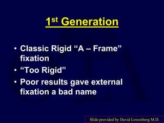 1st Generation
• Classic Rigid “A – Frame”
fixation
• “Too Rigid”
• Poor results gave external
fixation a bad name
Slide provided by David Lowenberg M.D.
 