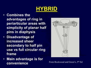 HYBRID
• Combines the
advantages of ring in
periarticular areas with
simplicity of planar half
pins in diaphysis
• Disadvantage of
increased sheer
secondary to half pin
use vs full circular ring
frame
• Main advantage is for
convenience From Rockwood and Green’s, 5th Ed
 