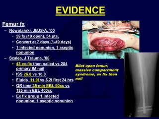 EVIDENCE
Femur fx
– Nowotarski, JBJS-A, ’00
• 59 fx (19 open), 54 pts,
• Convert at 7 days (1-49 days)
• 1 infected nonunion, 1 aseptic
nonunion
– Scalea, J Trauma, ’00
• 43 ex-fix then nailed vs 284
primary IM nail
• ISS 26.8 vs 16.8
• Fluids 11.9l vs 6.2l first 24 hrs
• OR time 35 min EBL 90cc vs
135 min EBL 400cc
• Ex fix group 1 infected
nonunion, 1 aseptic nonunion
Bilat open femur,
massive compartment
syndrome, ex fix then
nail
 