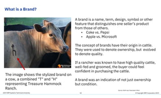 2019 IBM Systems Technical University
What is a Brand?
10
A brand is a name, term, design, symbol or other
feature that distinguishes one seller’s product
from those of others.
• Coke vs. Pepsi
• Apple vs. Microsoft
The concept of brands have their origin in cattle.
They were used to denote ownership, but evolved
to denote quality.
If a rancher was known to have high quality cattle,
well-fed and groomed, the buyer could feel
confident in purchasing the cattle.
A brand was an indication of not just ownership
but condition.
Source: Keith Lee, Associate’s Mind
The image shows the stylized brand on
a cow, a combined "T" and "H"
representing Treasure Hammock
Ranch.
© Copyright IBM Corporation 2019
 