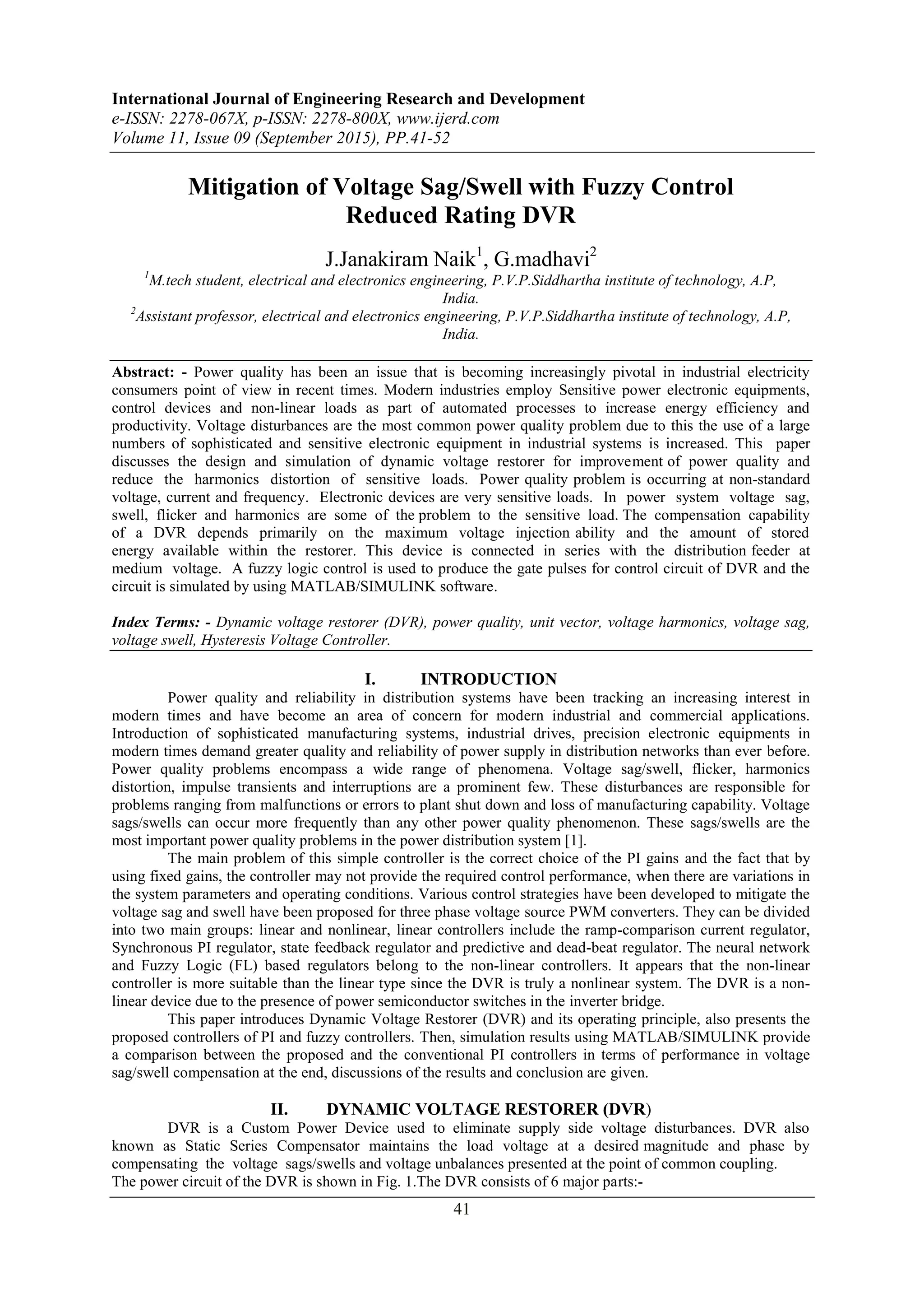 Mitigation of Voltage Sag/Swell with Fuzzy Control Reduced Rating DVR | PDF
