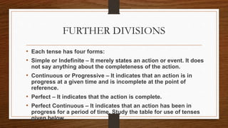 FURTHER DIVISIONS
• Each tense has four forms:
• Simple or Indefinite – It merely states an action or event. It does
not say anything about the completeness of the action.
• Continuous or Progressive – It indicates that an action is in
progress at a given time and is incomplete at the point of
reference.
• Perfect – It indicates that the action is complete.
• Perfect Continuous – It indicates that an action has been in
progress for a period of time. Study the table for use of tenses
given below.
 