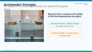 Archimedes’ Principle
An object in a fluid experiences an upward buoyant
force.
G11 General Science • Term 1 •
Topic 4
Buoyant force is equal to the weight
of the fluid displaced by the object.
If buoyant force object weight
≥
the object floats or rises.
If object weight > buoyant force
the object sinks.
The Physics of Fluids • 8/15
 