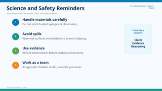 Science and Safety Reminders
Good experiments are careful, clean, and evidence-based.
G11 General Science • Term 1 •
Topic 4
1
Handle materials carefully
Do not point loaded syringes at classmates.
2
Avoid spills
Wipe wet surfaces immediately to prevent slipping.
3
Use evidence
Record observations before making conclusions.
4
Work as a team
Assign roles: builder, tester, recorder, presenter.
Think like a
scientist
Claim
Evidence
Reasoning
The Physics of Fluids • 14/15
 