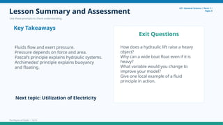 Lesson Summary and Assessment
Use these prompts to check understanding.
G11 General Science • Term 1 •
Topic 4
Key Takeaways
Fluids flow and exert pressure.
Pressure depends on force and area.
Pascal’s principle explains hydraulic systems.
Archimedes’ principle explains buoyancy
and floating.
Exit Questions
How does a hydraulic lift raise a heavy
object?
Why can a wide boat float even if it is
heavy?
What variable would you change to
improve your model?
Give one local example of a fluid
principle in action.
Next topic: Utilization of Electricity
The Physics of Fluids • 15/15
 