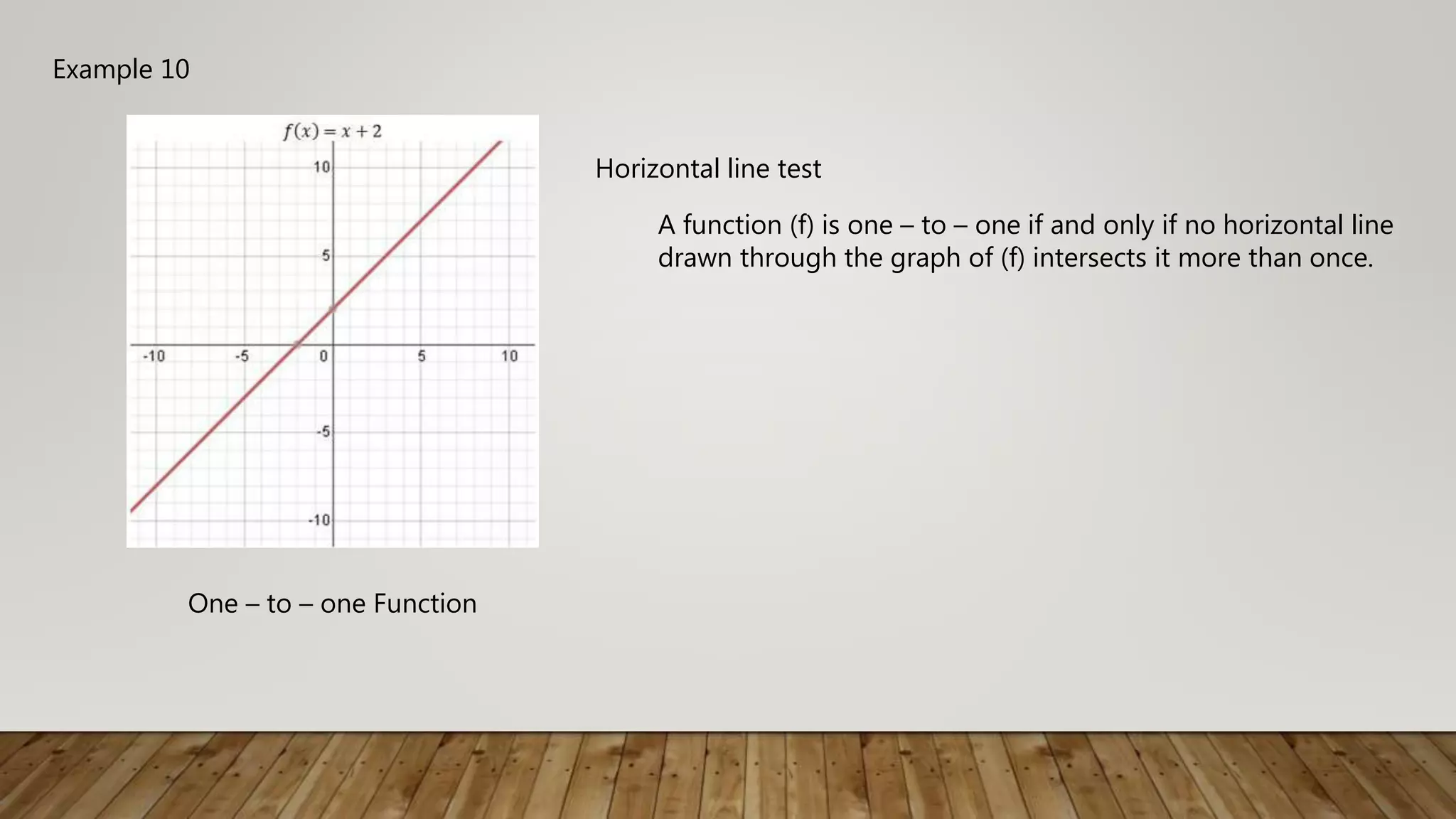 Example 10
Horizontal line test
A function (f) is one – to – one if and only if no horizontal line
drawn through the graph of (f) intersects it more than once.
One – to – one Function
 