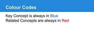 Colour Codes
Key Concept is always in Blue
Related Concepts are always in Red
 