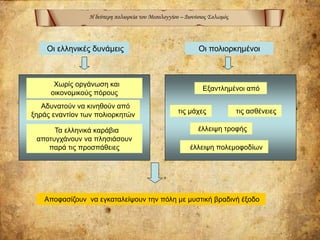 Η δεύτερη πολιορκία του Μεσολογγίου – Διονύσιος Σολωμός
Oι ελληνικές δυνάμεις
Χωρίς οργάνωση και
οικονομικούς πόρους
Αδυνατούν να κινηθούν από
ξηράς εναντίον των πολιορκητών
Τα ελληνικά καράβια
αποτυγχάνουν να πλησιάσουν
παρά τις προσπάθειες
Οι πολιορκημένοι
Εξαντλημένοι από
τις μάχες τις ασθένειες
έλλειψη τροφής
έλλειψη πολεμοφοδίων
Αποφασίζουν να εγκαταλείψουν την πόλη με μυστική βραδινή έξοδο
 