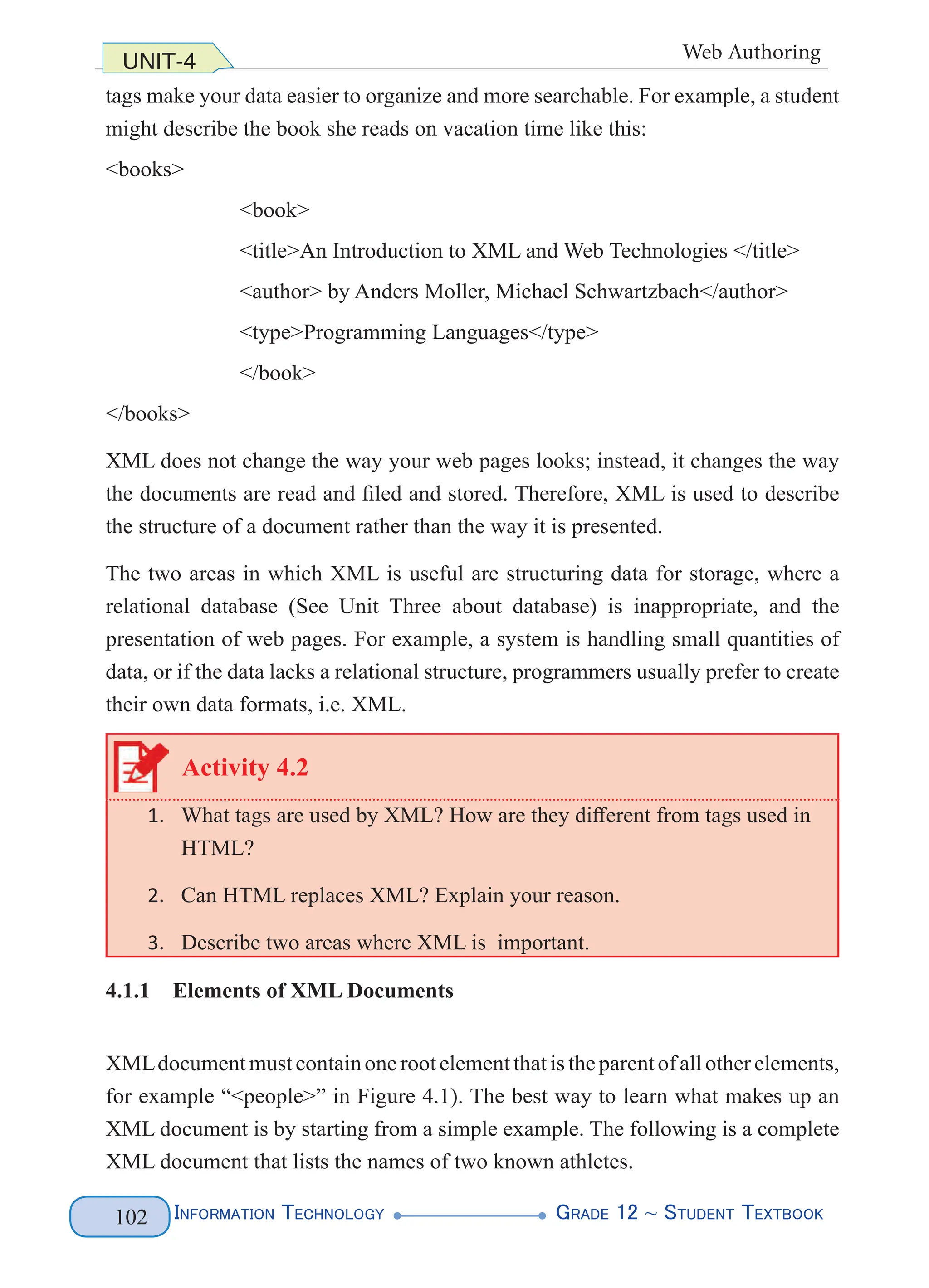 Information Technology G
rade 12 ~ Student Textbook
102
UNIT-4 Web Authoring
tags make your data easier to organize and more searchable. For example, a student
might describe the book she reads on vacation time like this:
<books>
<book>
<title>An Introduction to XML and Web Technologies </title>
<author> by Anders Moller, Michael Schwartzbach</author>
<type>Programming Languages</type>
</book>
</books>
XML does not change the way your web pages looks; instead, it changes the way
the documents are read and filed and stored. Therefore, XML is used to describe
the structure of a document rather than the way it is presented.
The two areas in which XML is useful are structuring data for storage, where a
relational database (See Unit Three about database) is inappropriate, and the
presentation of web pages. For example, a system is handling small quantities of
data, or if the data lacks a relational structure, programmers usually prefer to create
their own data formats, i.e. XML.
Activity 4.2
1. What tags are used by XML? How are they different from tags used in
HTML?
2. Can HTML replaces XML? Explain your reason.
3. Describe two areas where XML is important.
4.1.1 Elements of XML Documents
XMLdocumentmustcontainonerootelementthatistheparentofallotherelements,
for example “<people>” in Figure 4.1). The best way to learn what makes up an
XML document is by starting from a simple example. The following is a complete
XML document that lists the names of two known athletes.
 