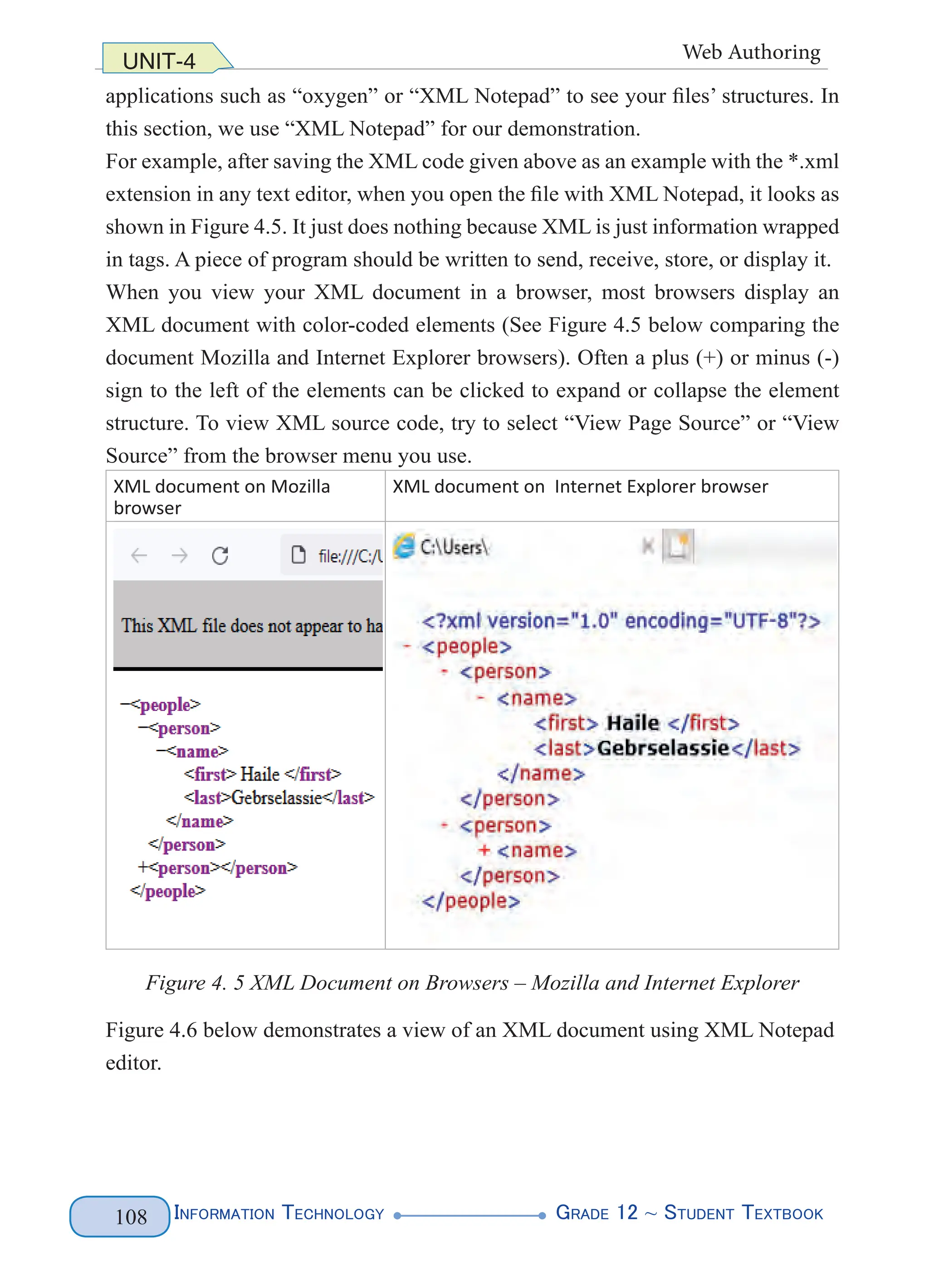 Information Technology G
rade 12 ~ Student Textbook
108
UNIT-4 Web Authoring
applications such as “oxygen” or “XML Notepad” to see your files’ structures. In
this section, we use “XML Notepad” for our demonstration.
For example, after saving the XML code given above as an example with the *.xml
extension in any text editor, when you open the file with XML Notepad, it looks as
shown in Figure 4.5. It just does nothing because XML is just information wrapped
in tags. A piece of program should be written to send, receive, store, or display it.
When you view your XML document in a browser, most browsers display an
XML document with color-coded elements (See Figure 4.5 below comparing the
document Mozilla and Internet Explorer browsers). Often a plus (+) or minus (-)
sign to the left of the elements can be clicked to expand or collapse the element
structure. To view XML source code, try to select “View Page Source” or “View
Source” from the browser menu you use.
XML document on Mozilla
browser
XML document on Internet Explorer browser
Figure 4. 5 XML Document on Browsers – Mozilla and Internet Explorer
Figure 4.6 below demonstrates a view of an XML document using XML Notepad
editor.
 