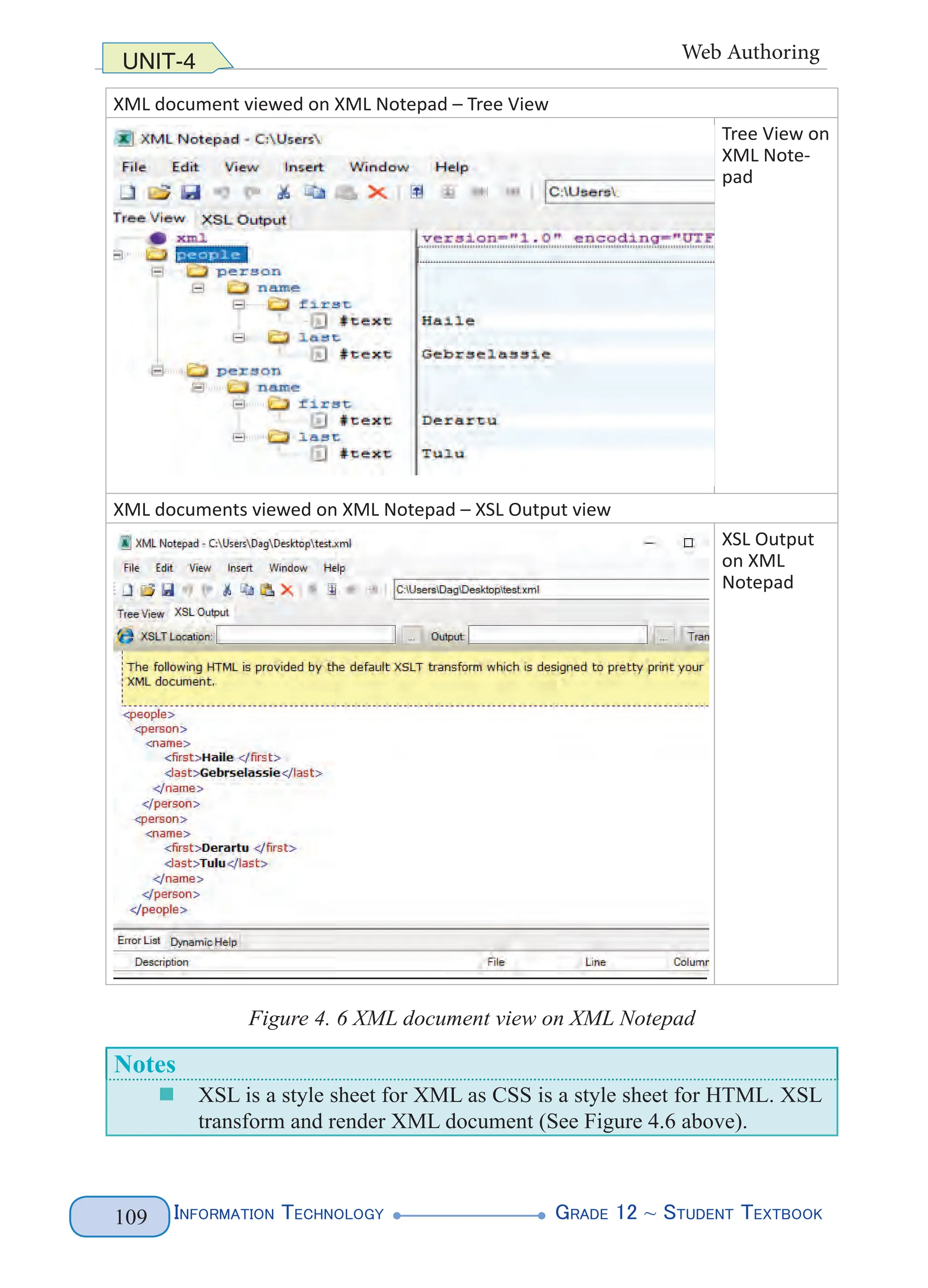 Information Technology G
rade 12 ~ Student Textbook
109
UNIT-4 Web Authoring
XML document viewed on XML Notepad – Tree View
Tree View on
XML Note-
pad
XML documents viewed on XML Notepad – XSL Output view
XSL Output
on XML
Notepad
Figure 4. 6 XML document view on XML Notepad
Notes
„
„ XSL is a style sheet for XML as CSS is a style sheet for HTML. XSL
transform and render XML document (See Figure 4.6 above).
 