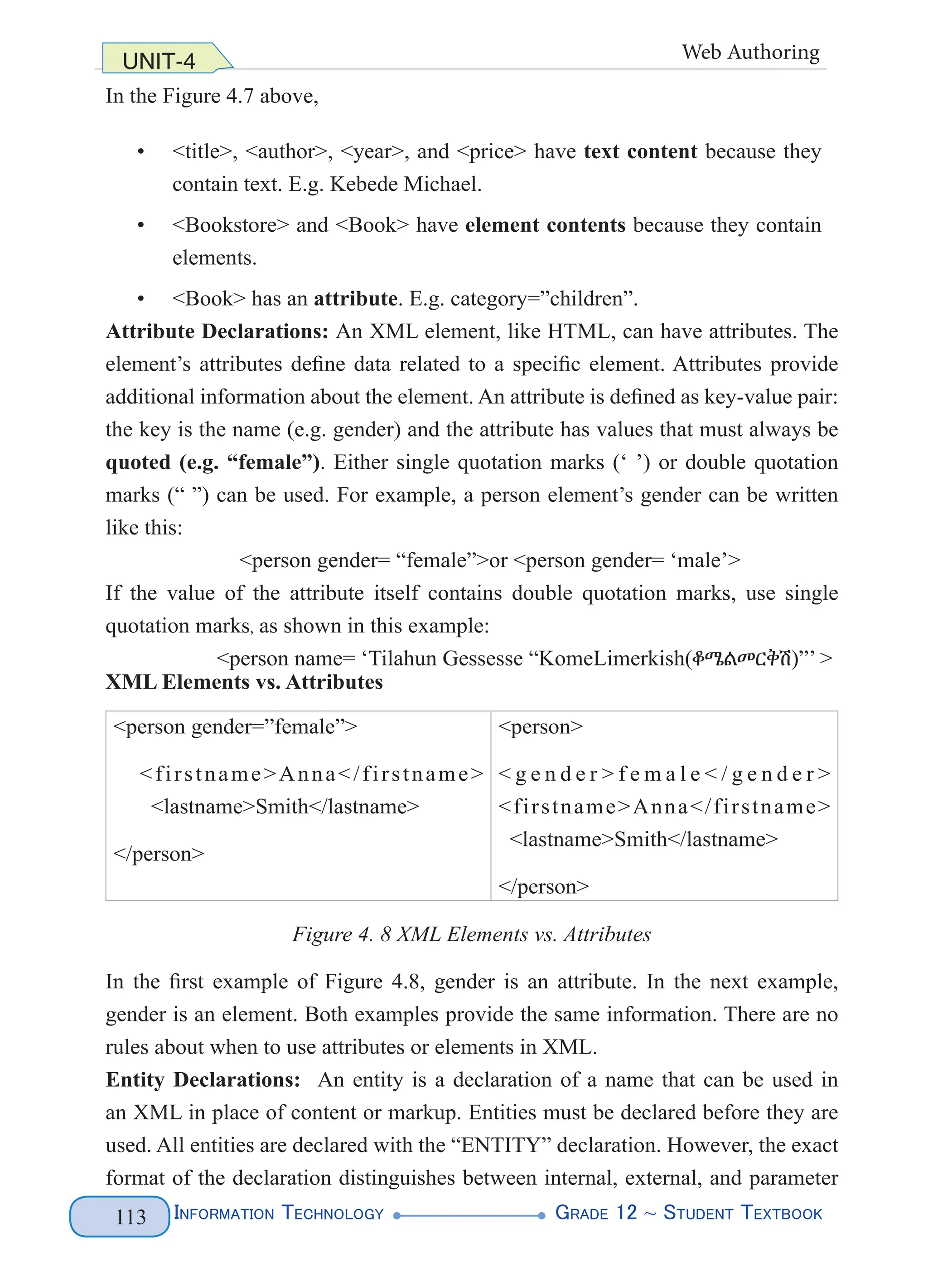 Information Technology G
rade 12 ~ Student Textbook
113
UNIT-4 Web Authoring
In the Figure 4.7 above,
• <title>, <author>, <year>, and <price> have text content because they
contain text. E.g. Kebede Michael.
• <Bookstore> and <Book> have element contents because they contain
elements.
• <Book> has an attribute. E.g. category=”children”.
Attribute Declarations: An XML element, like HTML, can have attributes. The
element’s attributes define data related to a specific element. Attributes provide
additional information about the element. An attribute is defined as key-value pair:
the key is the name (e.g. gender) and the attribute has values that must always be
quoted (e.g. “female”). Either single quotation marks (‘ ’) or double quotation
marks (“ ”) can be used. For example, a person element’s gender can be written
like this:
<person gender= “female”>or <person gender= ‘male’>
If the value of the attribute itself contains double quotation marks, use single
quotation marks, as shown in this example:
<person name= ‘Tilahun Gessesse “KomeLimerkish(ቆሜልመርቅሽ)”’ >
XML Elements vs. Attributes
<person gender=”female”>
<firstname>Anna</firstname>
  <lastname>Smith</lastname>
</person>
<person>
< g e n d e r > f e m a l e < / g e n d e r >
<firstname>Anna</firstname>
  <lastname>Smith</lastname>
</person>
Figure 4. 8 XML Elements vs. Attributes
In the first example of Figure 4.8, gender is an attribute. In the next example,
gender is an element. Both examples provide the same information. There are no
rules about when to use attributes or elements in XML.
Entity Declarations: An entity is a declaration of a name that can be used in
an XML in place of content or markup. Entities must be declared before they are
used. All entities are declared with the “ENTITY” declaration. However, the exact
format of the declaration distinguishes between internal, external, and parameter
 