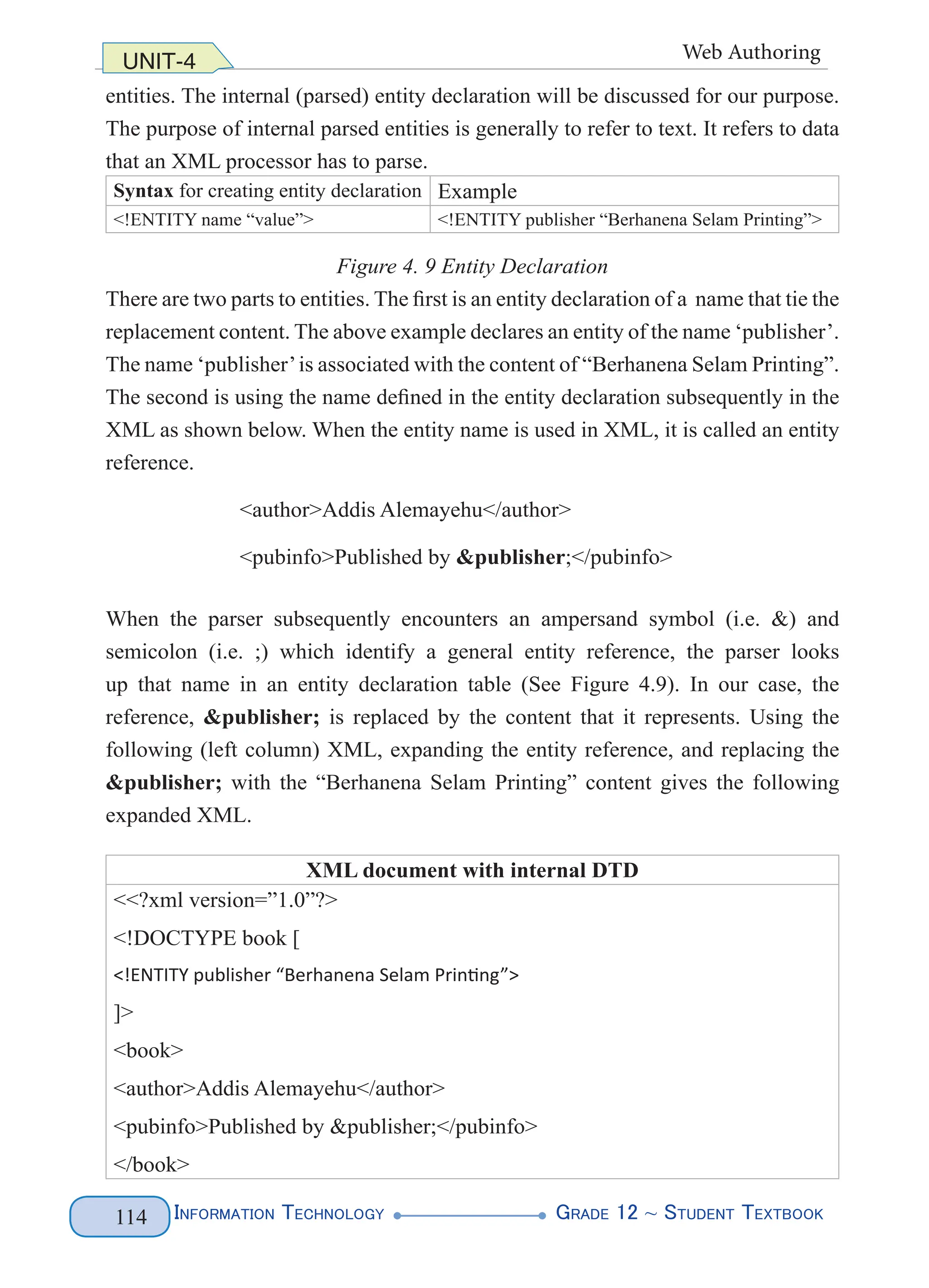 Information Technology G
rade 12 ~ Student Textbook
114
UNIT-4 Web Authoring
entities. The internal (parsed) entity declaration will be discussed for our purpose.
The purpose of internal parsed entities is generally to refer to text. It refers to data
that an XML processor has to parse.
Syntax for creating entity declaration Example
<!ENTITY name “value”> <!ENTITY publisher “Berhanena Selam Printing”>
Figure 4. 9 Entity Declaration
There are two parts to entities. The first is an entity declaration of a name that tie the
replacement content. The above example declares an entity of the name ‘publisher’.
The name ‘publisher’is associated with the content of “Berhanena Selam Printing”.
The second is using the name defined in the entity declaration subsequently in the
XML as shown below. When the entity name is used in XML, it is called an entity
reference.
<author>Addis Alemayehu</author>
<pubinfo>Published by &publisher;</pubinfo>
When the parser subsequently encounters an ampersand symbol (i.e. &) and
semicolon (i.e. ;) which identify a general entity reference, the parser looks
up that name in an entity declaration table (See Figure 4.9). In our case, the
reference, &publisher; is replaced by the content that it represents. Using the
following (left column) XML, expanding the entity reference, and replacing the
&publisher; with the “Berhanena Selam Printing” content gives the following
expanded XML.
XML document with internal DTD
<<?xml version=”1.0”?>
<!DOCTYPE book [
<!ENTITY publisher “Berhanena Selam Printing”>
]>
<book>
<author>Addis Alemayehu</author>
<pubinfo>Published by &publisher;</pubinfo>
</book>
 