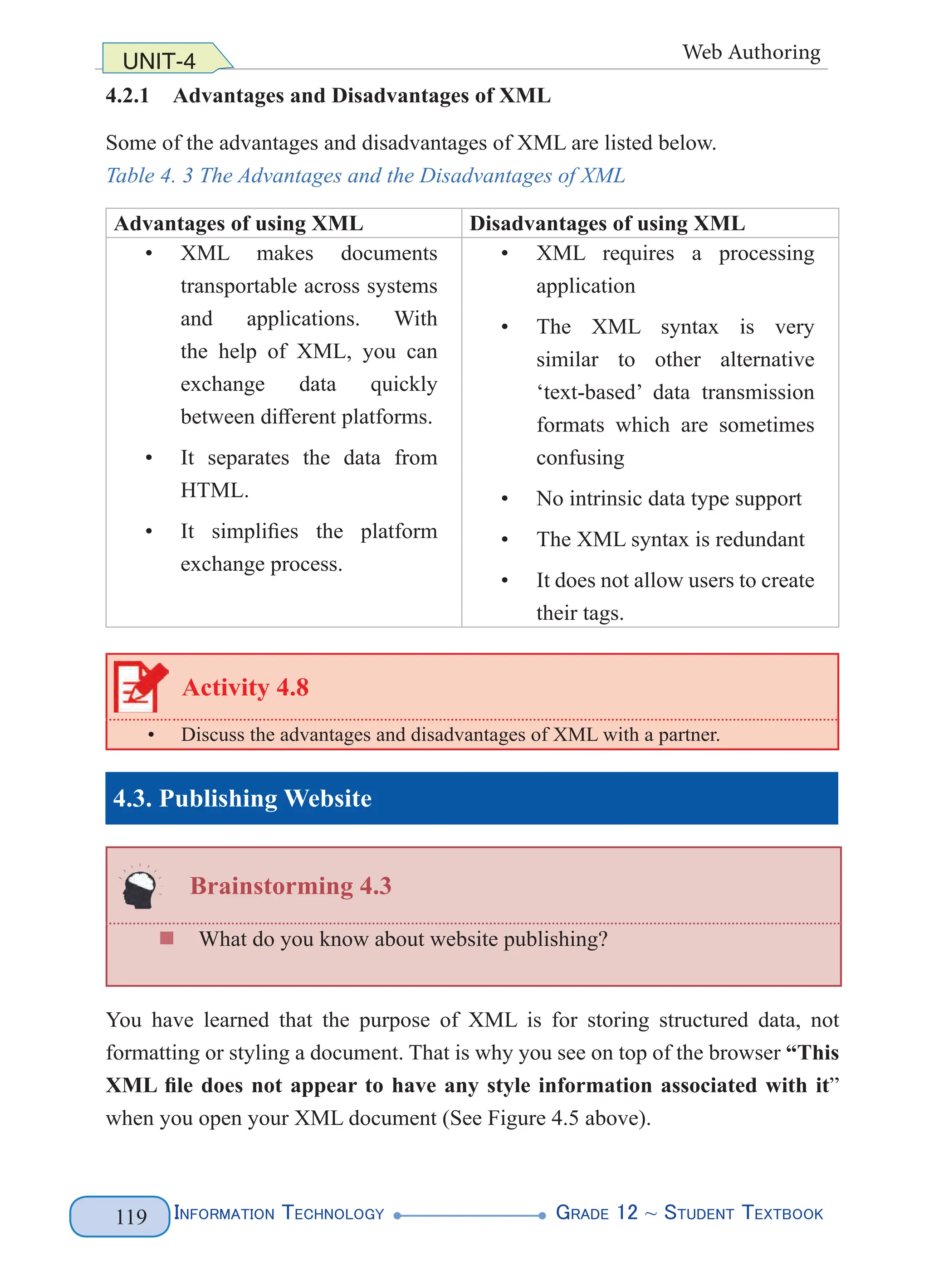 Information Technology G
rade 12 ~ Student Textbook
119
UNIT-4 Web Authoring
4.2.1 Advantages and Disadvantages of XML
Some of the advantages and disadvantages of XML are listed below.
Table 4. 3 The Advantages and the Disadvantages of XML
Advantages of using XML Disadvantages of using XML
• XML makes documents
transportable across systems
and applications. With
the help of XML, you can
exchange data quickly
between different platforms.
• It separates the data from
HTML.
• It simplifies the platform
exchange process.
• XML requires a processing
application
• The XML syntax is very
similar to other alternative
‘text-based’ data transmission
formats which are sometimes
confusing
• No intrinsic data type support
• The XML syntax is redundant
• It does not allow users to create
their tags.
Activity 4.8
• Discuss the advantages and disadvantages of XML with a partner.
4.3. Publishing Website
Brainstorming 4.3
„
„ What do you know about website publishing?
You have learned that the purpose of XML is for storing structured data, not
formatting or styling a document. That is why you see on top of the browser “This
XML file does not appear to have any style information associated with it”
when you open your XML document (See Figure 4.5 above).
 