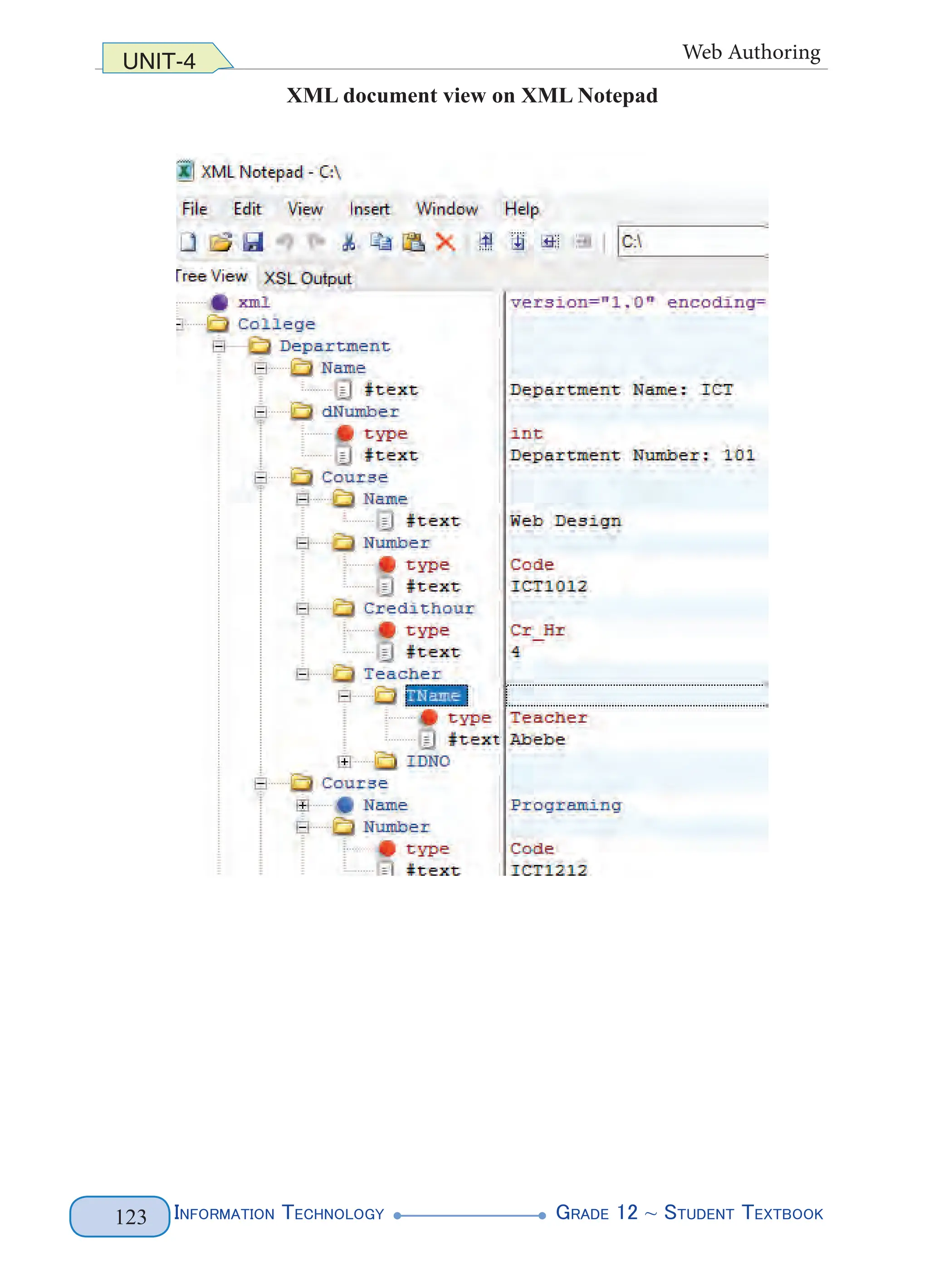 Information Technology G
rade 12 ~ Student Textbook
123
UNIT-4 Web Authoring
XML document view on XML Notepad
 