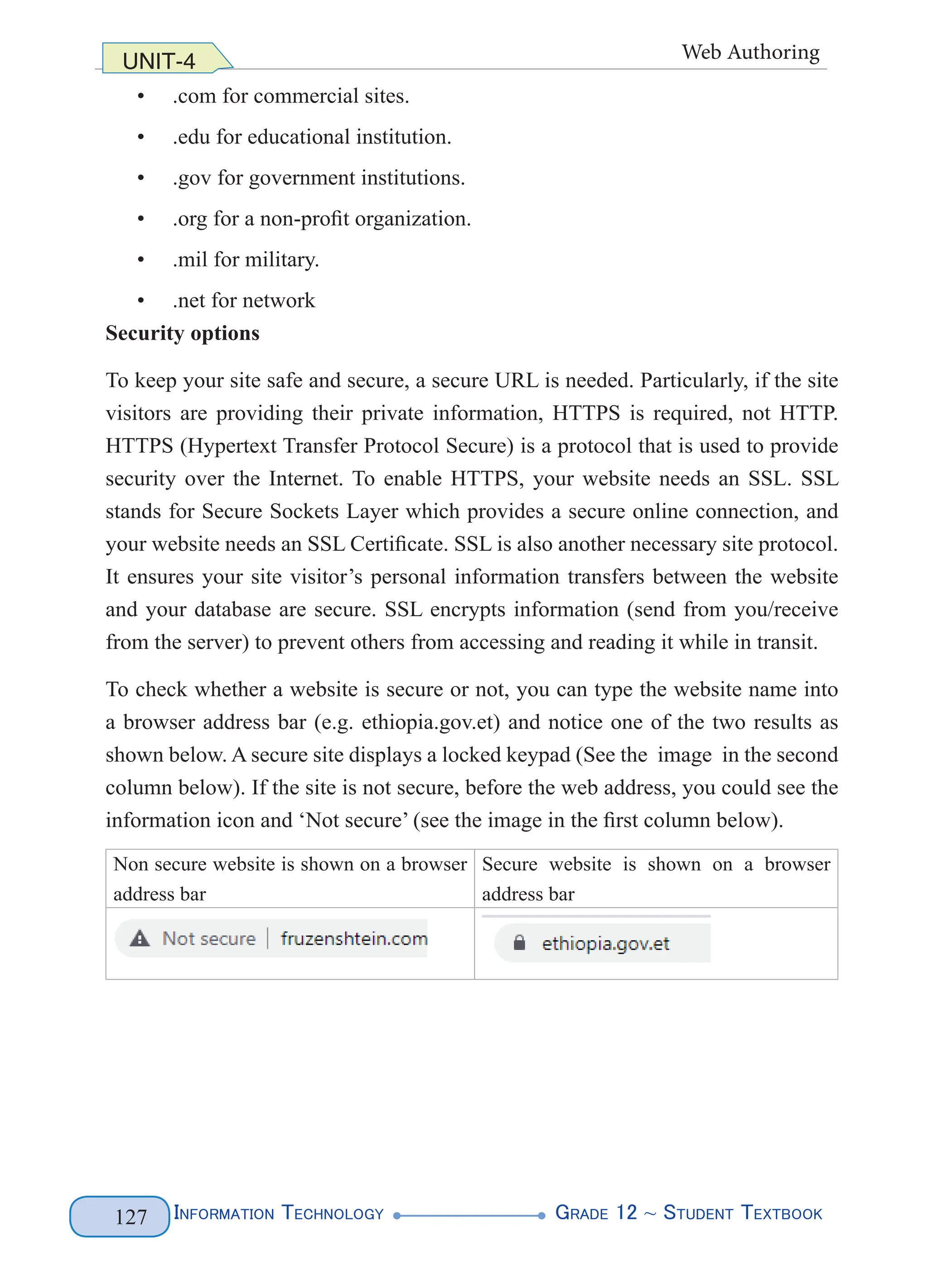 Information Technology G
rade 12 ~ Student Textbook
127
UNIT-4 Web Authoring
• .com for commercial sites.
• .edu for educational institution.
• .gov for government institutions.
• .org for a non-profit organization.
• .mil for military.
• .net for network
Security options
To keep your site safe and secure, a secure URL is needed. Particularly, if the site
visitors are providing their private information, HTTPS is required, not HTTP.
HTTPS (Hypertext Transfer Protocol Secure) is a protocol that is used to provide
security over the Internet. To enable HTTPS, your website needs an SSL. SSL
stands for Secure Sockets Layer which provides a secure online connection, and
your website needs an SSL Certificate. SSL is also another necessary site protocol.
It ensures your site visitor’s personal information transfers between the website
and your database are secure. SSL encrypts information (send from you/receive
from the server) to prevent others from accessing and reading it while in transit.
To check whether a website is secure or not, you can type the website name into
a browser address bar (e.g. ethiopia.gov.et) and notice one of the two results as
shown below. A secure site displays a locked keypad (See the image in the second
column below). If the site is not secure, before the web address, you could see the
information icon and ‘Not secure’ (see the image in the first column below).
Non secure website is shown on a browser
address bar
Secure website is shown on a browser
address bar
 