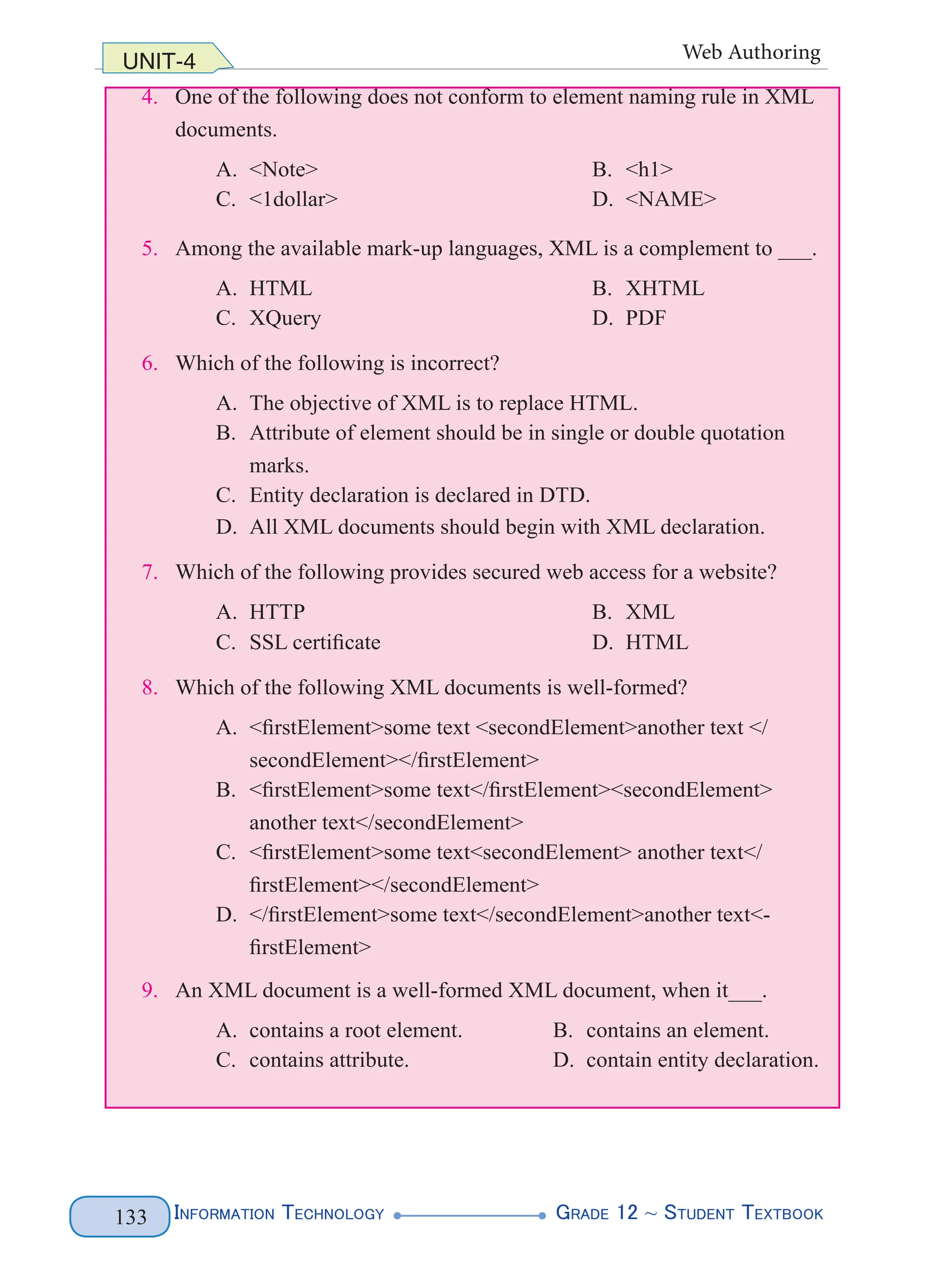 Information Technology G
rade 12 ~ Student Textbook
133
UNIT-4 Web Authoring
4. One of the following does not conform to element naming rule in XML
documents.
A. <Note> B. <h1>
C. <1dollar> D. <NAME>
5. Among the available mark-up languages, XML is a complement to ___.
A. HTML B. XHTML
C. XQuery D. PDF
6. Which of the following is incorrect?
A. The objective of XML is to replace HTML.
B. Attribute of element should be in single or double quotation
marks.
C. Entity declaration is declared in DTD.
D. All XML documents should begin with XML declaration.
7. Which of the following provides secured web access for a website?
A. HTTP B. XML
C. SSL certificate D. HTML
8. Which of the following XML documents is well-formed?
A. <firstElement>some text <secondElement>another text </
secondElement></firstElement>
B. <firstElement>some text</firstElement><secondElement>
another text</secondElement>
C. <firstElement>some text<secondElement> another text</
firstElement></secondElement>
D. </firstElement>some text</secondElement>another text<-
firstElement>
9. An XML document is a well-formed XML document, when it___.
A. contains a root element. B. contains an element.
C. contains attribute. D. contain entity declaration.
 