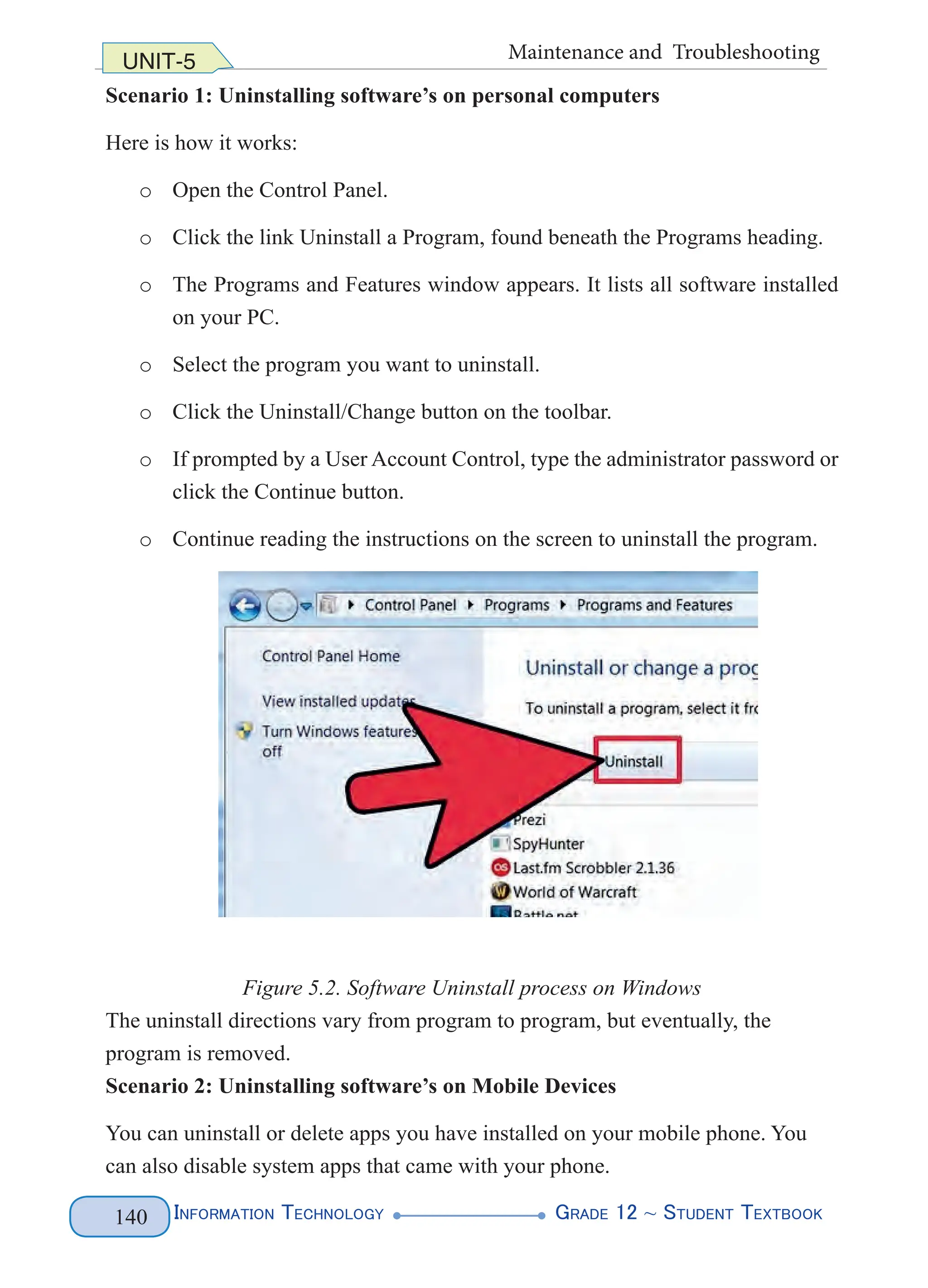 Information Technology G
rade 12 ~ Student Textbook
140
UNIT-5 Maintenance and Troubleshooting
Scenario 1: Uninstalling software’s on personal computers
Here is how it works:
o Open the Control Panel.
o Click the link Uninstall a Program, found beneath the Programs heading.
o The Programs and Features window appears. It lists all software installed
on your PC.
o Select the program you want to uninstall.
o Click the Uninstall/Change button on the toolbar.
o If prompted by a User Account Control, type the administrator password or
click the Continue button.
o Continue reading the instructions on the screen to uninstall the program.
Figure 5.2. Software Uninstall process on Windows
The uninstall directions vary from program to program, but eventually, the
program is removed.
Scenario 2: Uninstalling software’s on Mobile Devices
You can uninstall or delete apps you have installed on your mobile phone. You
can also disable system apps that came with your phone.
 