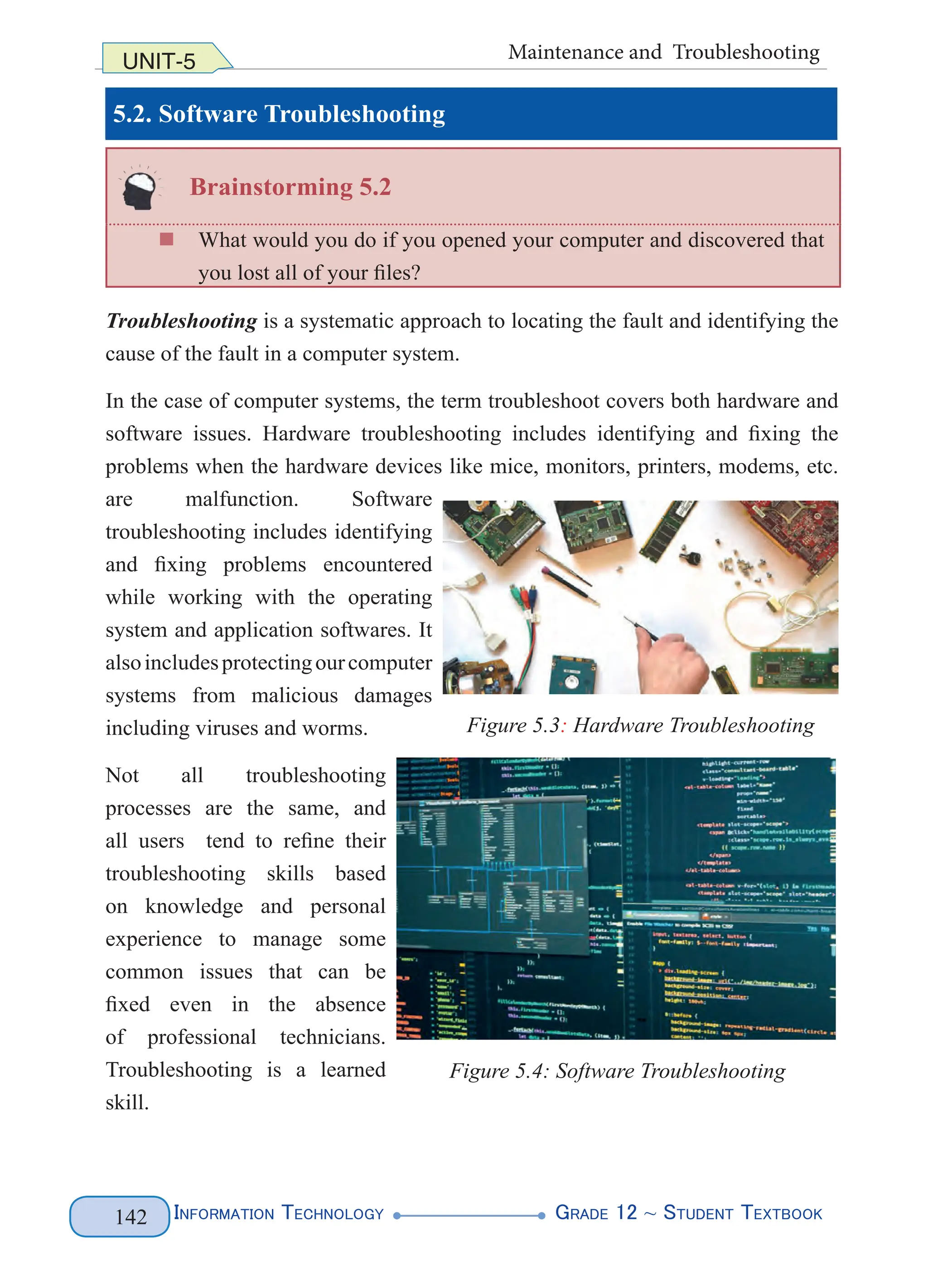 Information Technology G
rade 12 ~ Student Textbook
142
UNIT-5 Maintenance and Troubleshooting
5.2. Software Troubleshooting
Brainstorming 5.2
„
„ What would you do if you opened your computer and discovered that
you lost all of your files?
Troubleshooting is a systematic approach to locating the fault and identifying the
cause of the fault in a computer system.
In the case of computer systems, the term troubleshoot covers both hardware and
software issues. Hardware troubleshooting includes identifying and fixing the
problems when the hardware devices like mice, monitors, printers, modems, etc.
are malfunction. Software
troubleshooting includes identifying
and fixing problems encountered
while working with the operating
system and application softwares. It
alsoincludesprotectingourcomputer
systems from malicious damages
including viruses and worms.
Not all troubleshooting
processes are the same, and
all users tend to refine their
troubleshooting skills based
on knowledge and personal
experience to manage some
common issues that can be
fixed even in the absence
of professional technicians.
Troubleshooting is a learned
skill.
Figure 5.3: Hardware Troubleshooting
Figure 5.4: Software Troubleshooting
 