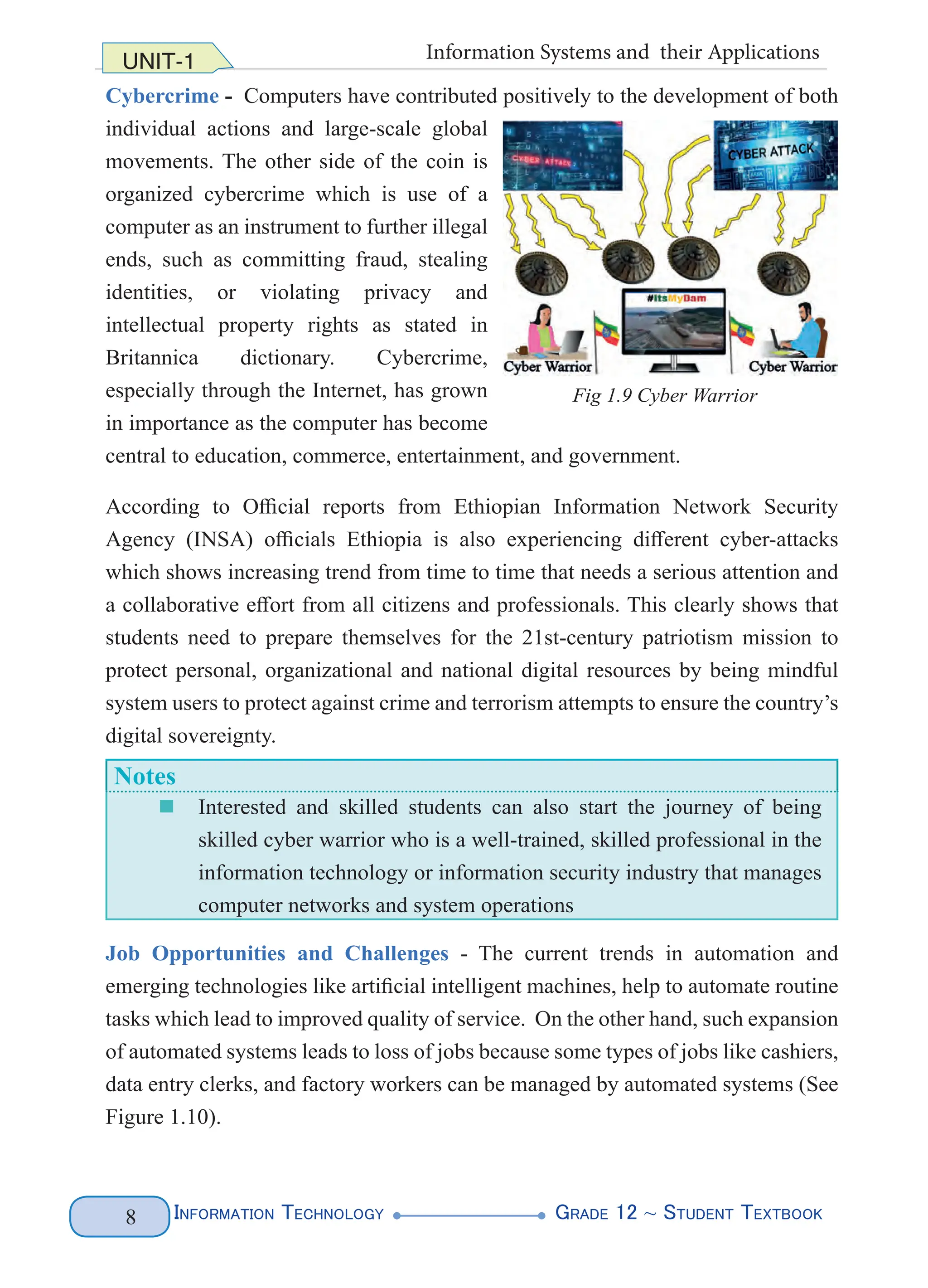 Information Technology G
rade 12 ~ Student Textbook
8
UNIT-1 Information Systems and their Applications
Cybercrime - Computers have contributed positively to the development of both
individual actions and large-scale global
movements. The other side of the coin is
organized cybercrime which is use of a
computer as an instrument to further illegal
ends, such as committing fraud, stealing
identities, or violating privacy and
intellectual property rights as stated in
Britannica dictionary. Cybercrime,
especially through the Internet, has grown
in importance as the computer has become
central to education, commerce, entertainment, and government.
According to Official reports from Ethiopian Information Network Security
Agency (INSA) officials Ethiopia is also experiencing different cyber-attacks
which shows increasing trend from time to time that needs a serious attention and
a collaborative effort from all citizens and professionals. This clearly shows that
students need to prepare themselves for the 21st-century patriotism mission to
protect personal, organizational and national digital resources by being mindful
system users to protect against crime and terrorism attempts to ensure the country’s
digital sovereignty.
Notes
„
„ Interested and skilled students can also start the journey of being
skilled cyber warrior who is a well-trained, skilled professional in the
information technology or information security industry that manages
computer networks and system operations
Job Opportunities and Challenges - The current trends in automation and
emerging technologies like artificial intelligent machines, help to automate routine
tasks which lead to improved quality of service. On the other hand, such expansion
of automated systems leads to loss of jobs because some types of jobs like cashiers,
data entry clerks, and factory workers can be managed by automated systems (See
Figure 1.10).
Fig 1.9 Cyber Warrior
 
