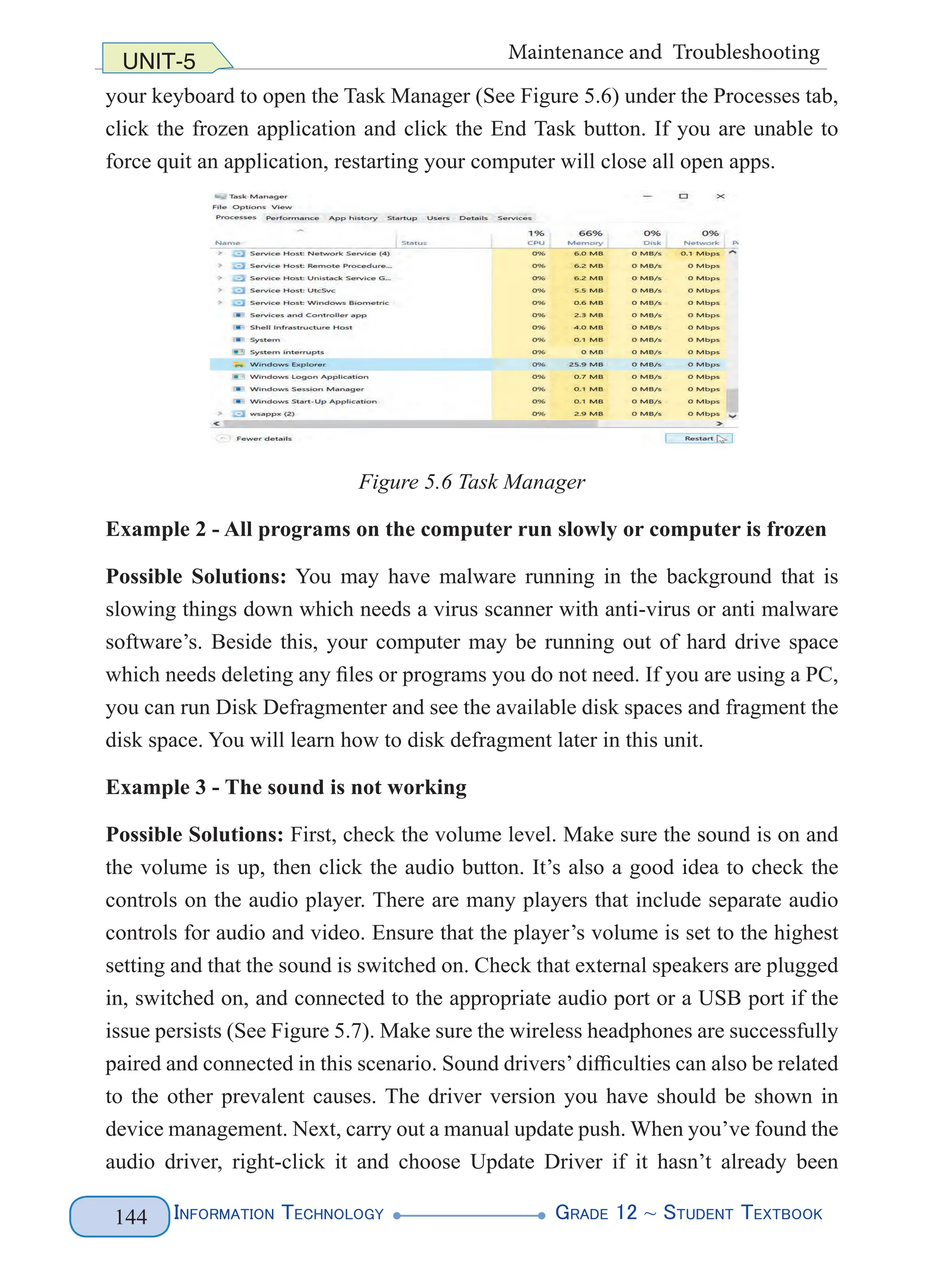 Information Technology G
rade 12 ~ Student Textbook
144
UNIT-5 Maintenance and Troubleshooting
your keyboard to open the Task Manager (See Figure 5.6) under the Processes tab,
click the frozen application and click the End Task button. If you are unable to
force quit an application, restarting your computer will close all open apps.
Figure 5.6 Task Manager
Example 2 - All programs on the computer run slowly or computer is frozen
Possible Solutions: You may have malware running in the background that is
slowing things down which needs a virus scanner with anti-virus or anti malware
software’s. Beside this, your computer may be running out of hard drive space
which needs deleting any files or programs you do not need. If you are using a PC,
you can run Disk Defragmenter and see the available disk spaces and fragment the
disk space. You will learn how to disk defragment later in this unit.
Example 3 - The sound is not working
Possible Solutions: First, check the volume level. Make sure the sound is on and
the volume is up, then click the audio button. It’s also a good idea to check the
controls on the audio player. There are many players that include separate audio
controls for audio and video. Ensure that the player’s volume is set to the highest
setting and that the sound is switched on. Check that external speakers are plugged
in, switched on, and connected to the appropriate audio port or a USB port if the
issue persists (See Figure 5.7). Make sure the wireless headphones are successfully
paired and connected in this scenario. Sound drivers’difficulties can also be related
to the other prevalent causes. The driver version you have should be shown in
device management. Next, carry out a manual update push. When you’ve found the
audio driver, right-click it and choose Update Driver if it hasn’t already been
 